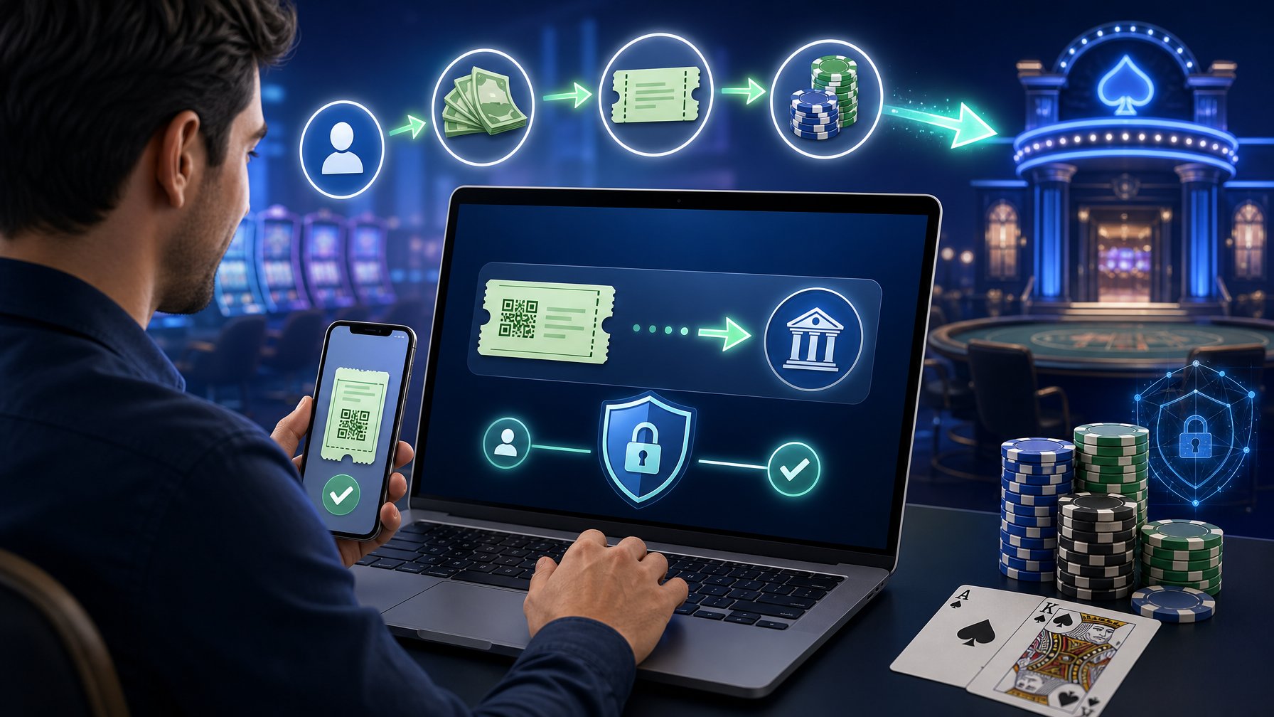 A Person Using A Mobile Device To Make A Secure Casino Payment With Digital Currency Icons And Transaction Arrows Around The Screen.