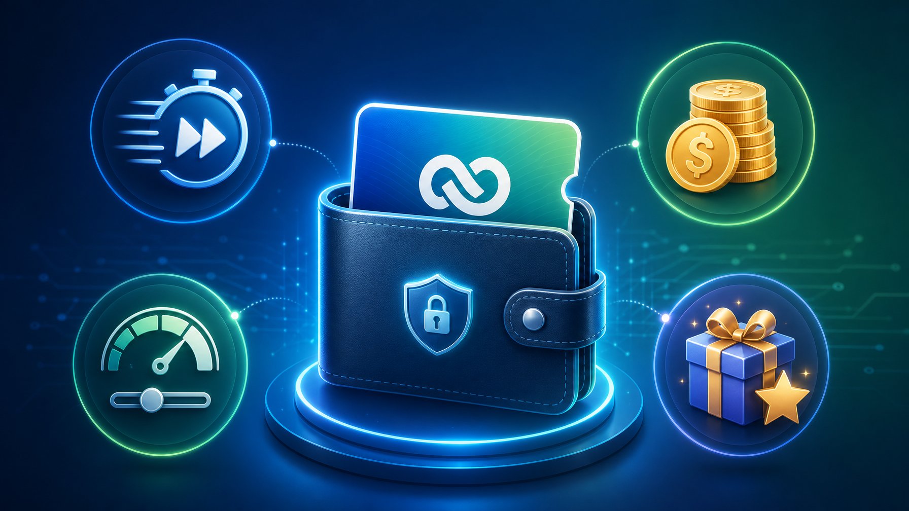 A Digital Wallet Surrounded By Icons Representing Speed, Fees, Limits, And Bonus Eligibility For A Casino Payment Method.
