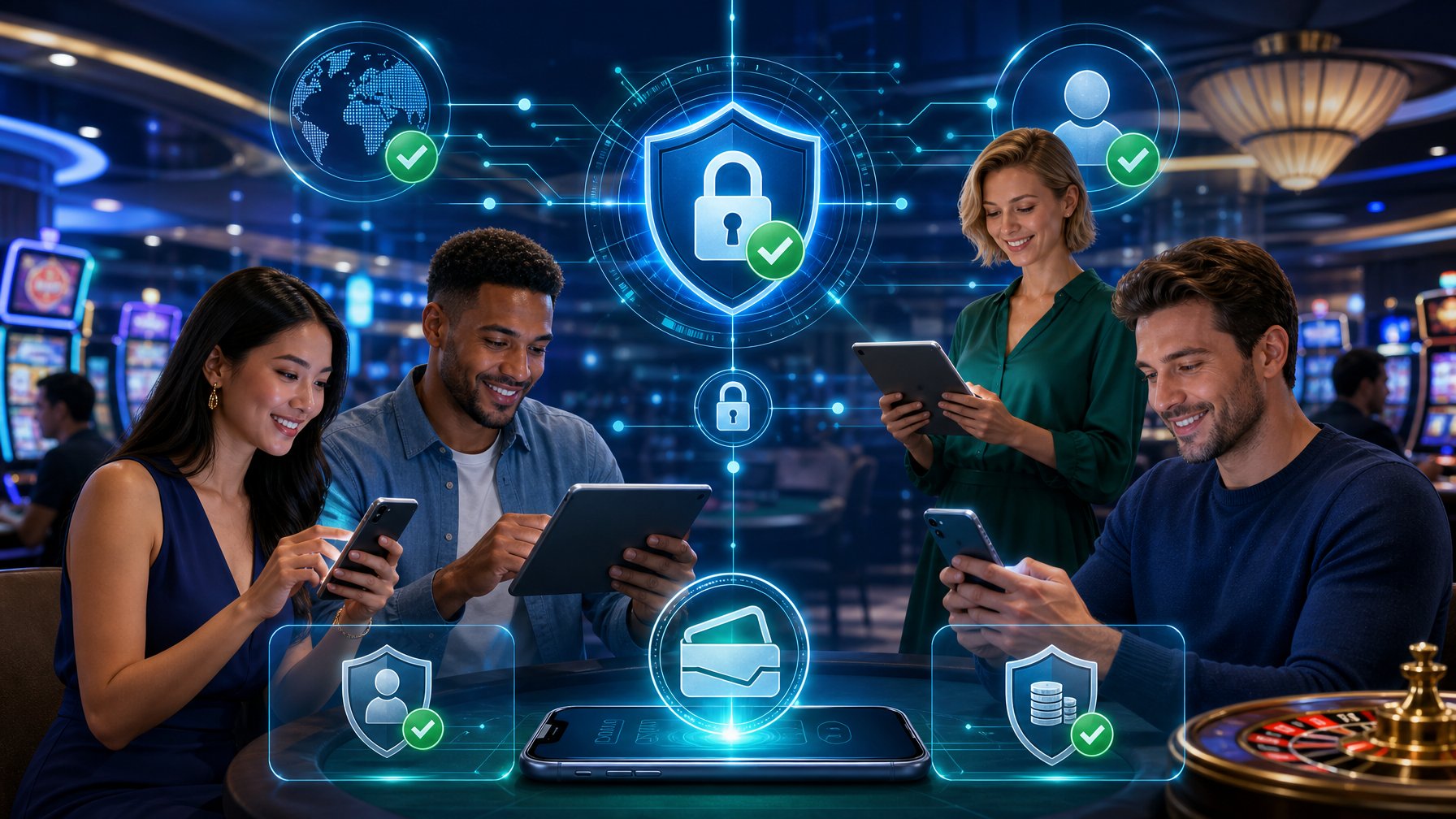 A Group Of People Using Digital Devices To Make Secure Casino Payments With Symbols Of Security Like Shields And Locks Visible In A Casino Setting.