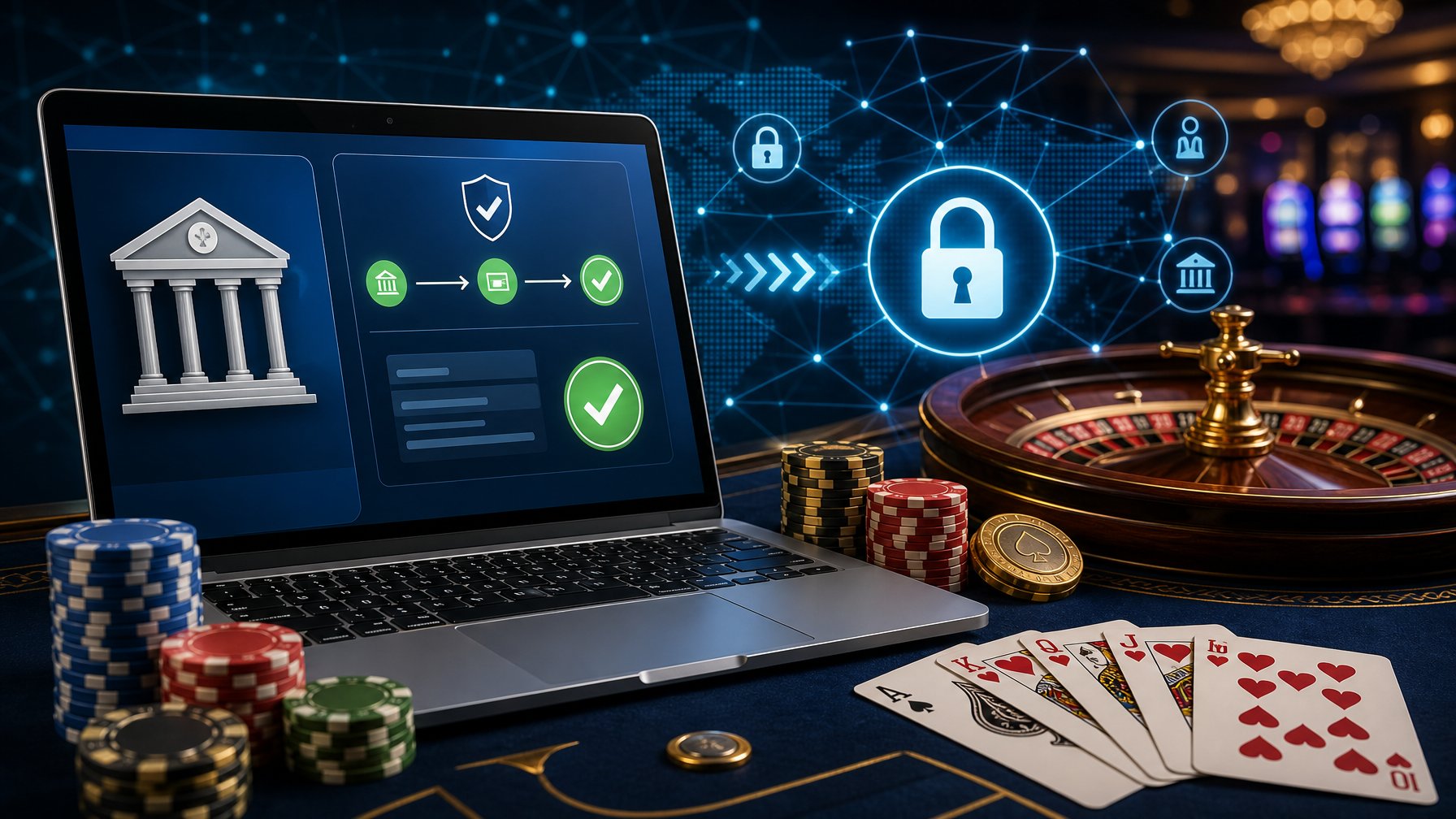 A Laptop Showing An Online Banking Interface Next To A Casino Table With Poker Chips, Playing Cards, And A Roulette Wheel, Representing Online Casino Payments.