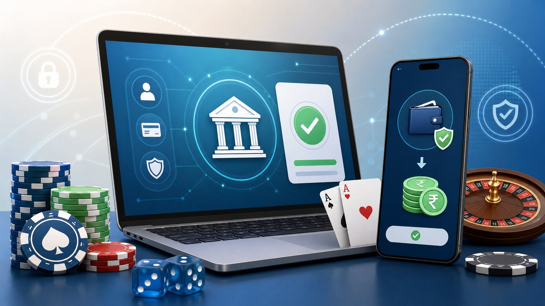 A Laptop And Smartphone Showing A Secure Banking App With Casino Elements Like Poker Chips And Playing Cards Around Them.