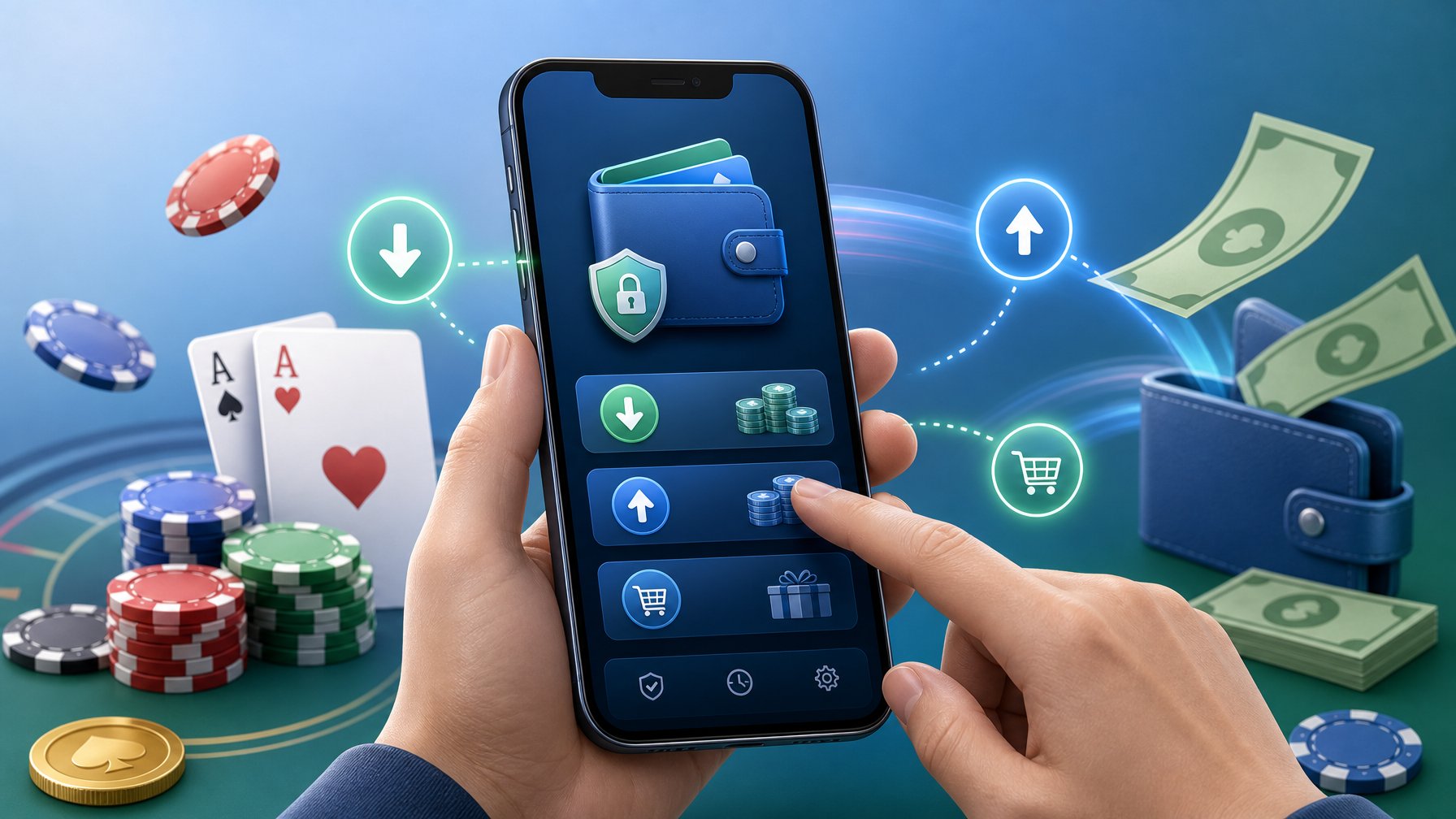 A Smartphone Showing A Digital Wallet With Icons For Deposits And Withdrawals, Surrounded By Casino Chips, Playing Cards, And Currency Notes.