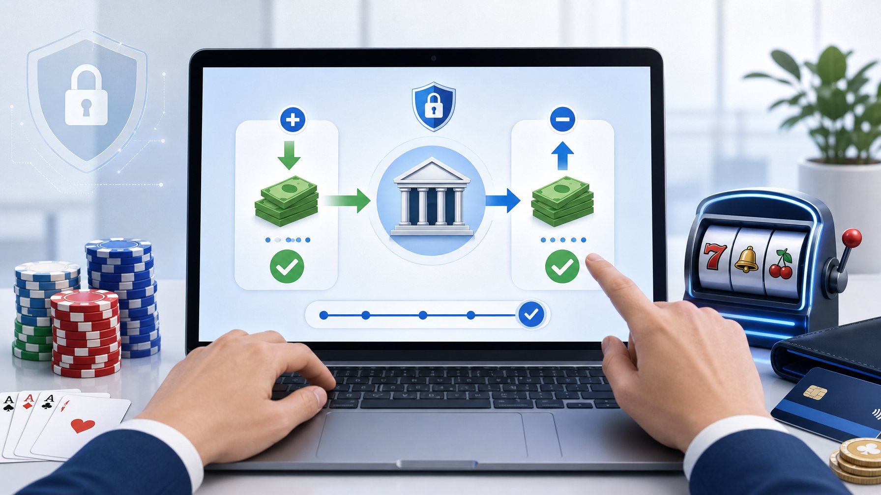 A Person Using A Computer To Transfer Money Between An Online Bank And A Casino Account, With Icons Representing Deposits And Withdrawals.