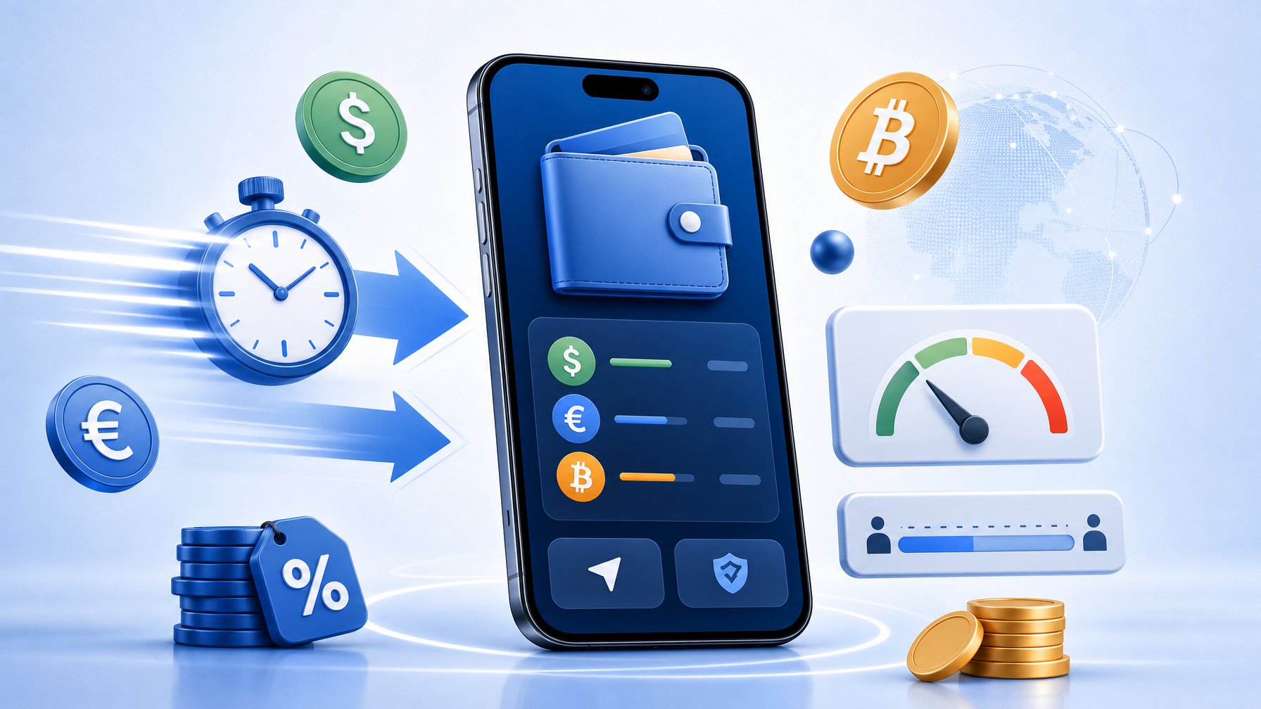 A Smartphone Displaying A Digital Wallet Surrounded By Currency Symbols, Arrows Indicating Speed, And Icons Representing Fees And Transaction Limits.