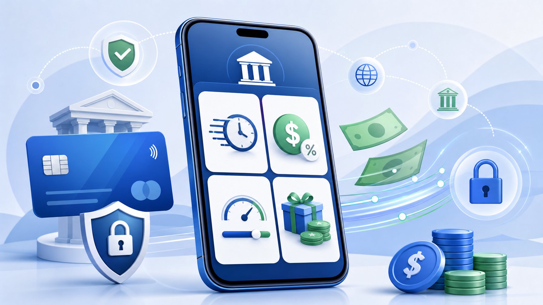 A Smartphone Showing Digital Banking Icons For Speed, Fees, Limits, And Bonuses With Symbols Like A Clock, Dollar Sign, Gauge, And Gift Box Surrounded By Currency Symbols And Secure Locks.