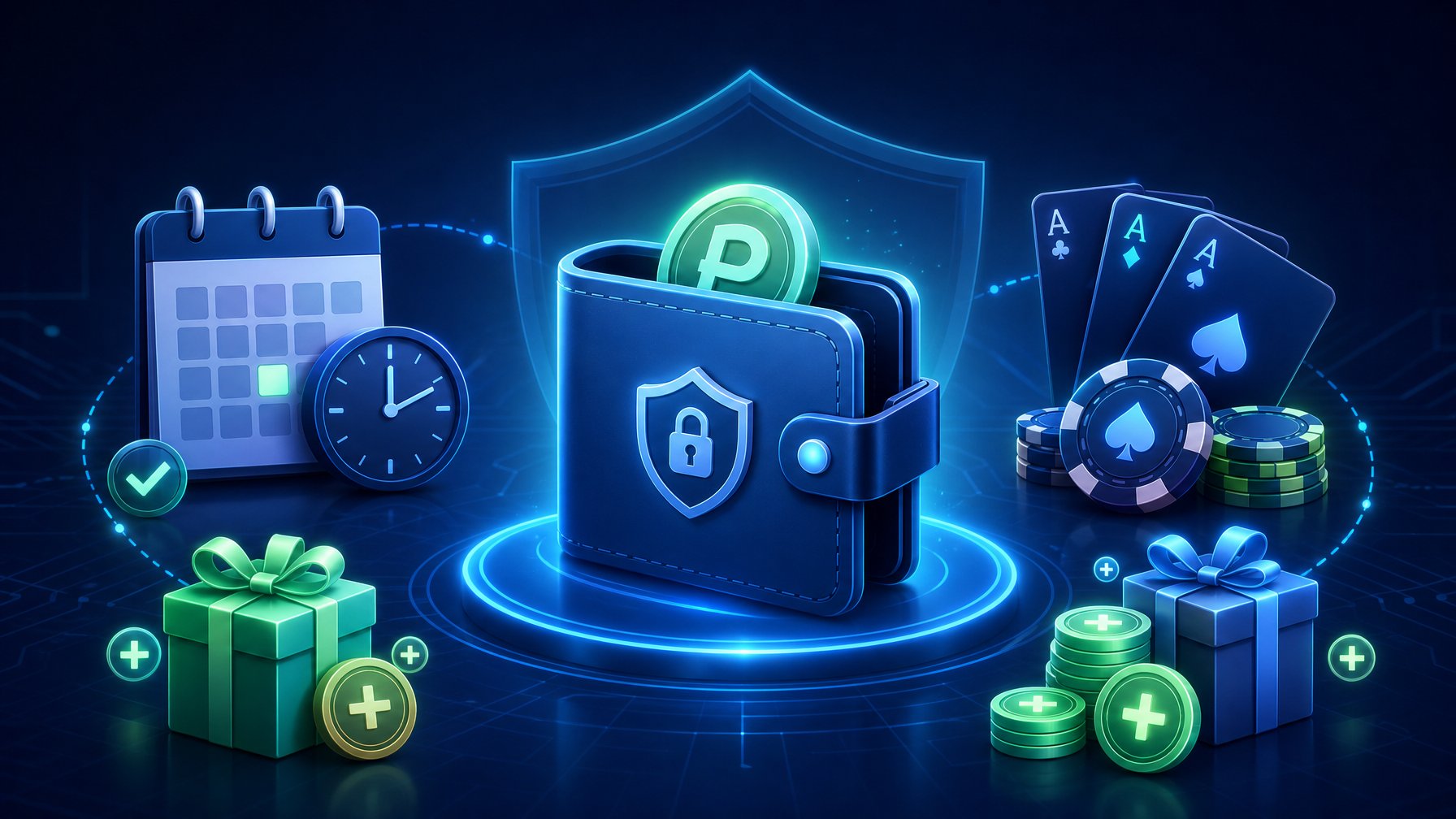 A Secure Digital Wallet Surrounded By Casino Elements, A Calendar, A Clock, And Bonus Symbols, Representing Availability, Safety, And Bonus Terms For An Online Casino Payment Method.