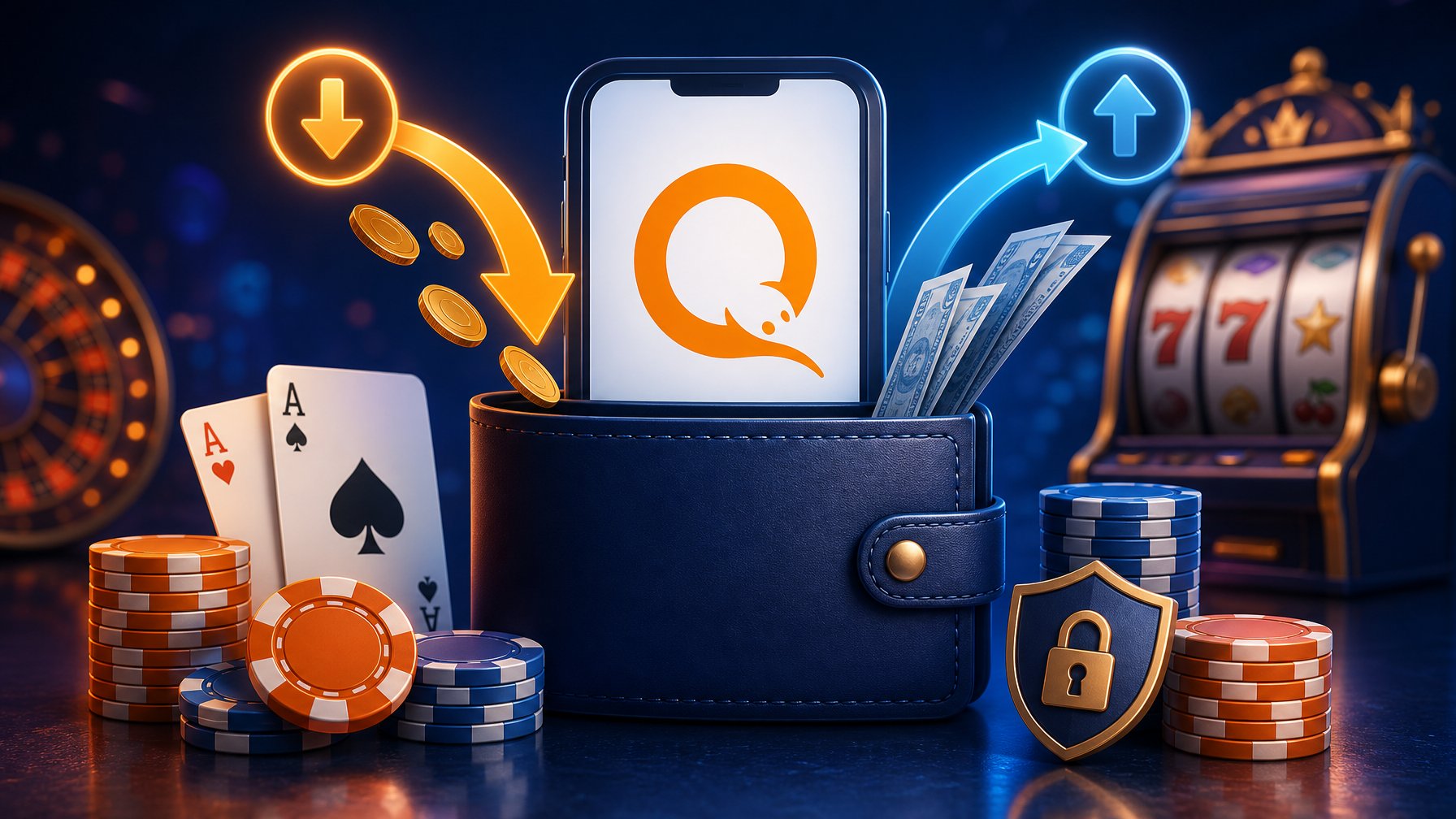 A Digital Wallet With The Qiwi Logo Showing Money Being Deposited And Withdrawn, Surrounded By Casino Elements Like Poker Chips And Playing Cards.