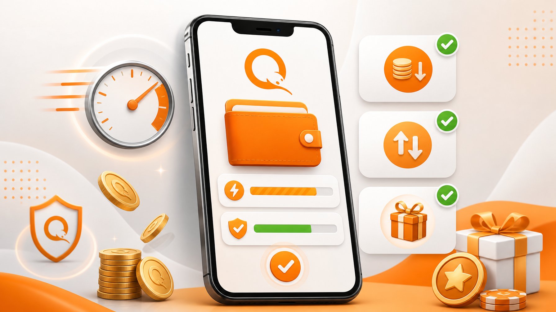 A Smartphone Displaying A Digital Payment App With Icons Representing Fast Transactions, Fees, Limits, And Rewards, Surrounded By Currency Symbols And Coins.