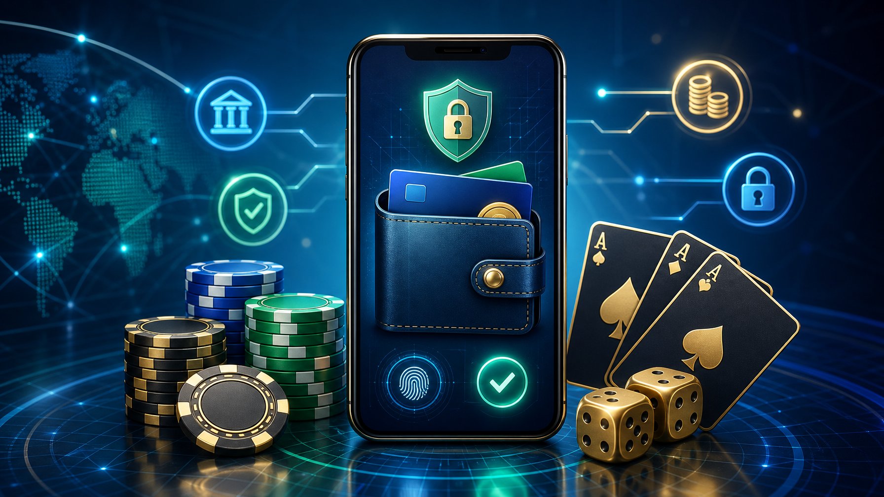 A Digital Wallet On A Smartphone Surrounded By Casino Chips, Playing Cards, And Dice, Symbolizing A Secure And Convenient Casino Payment Method.