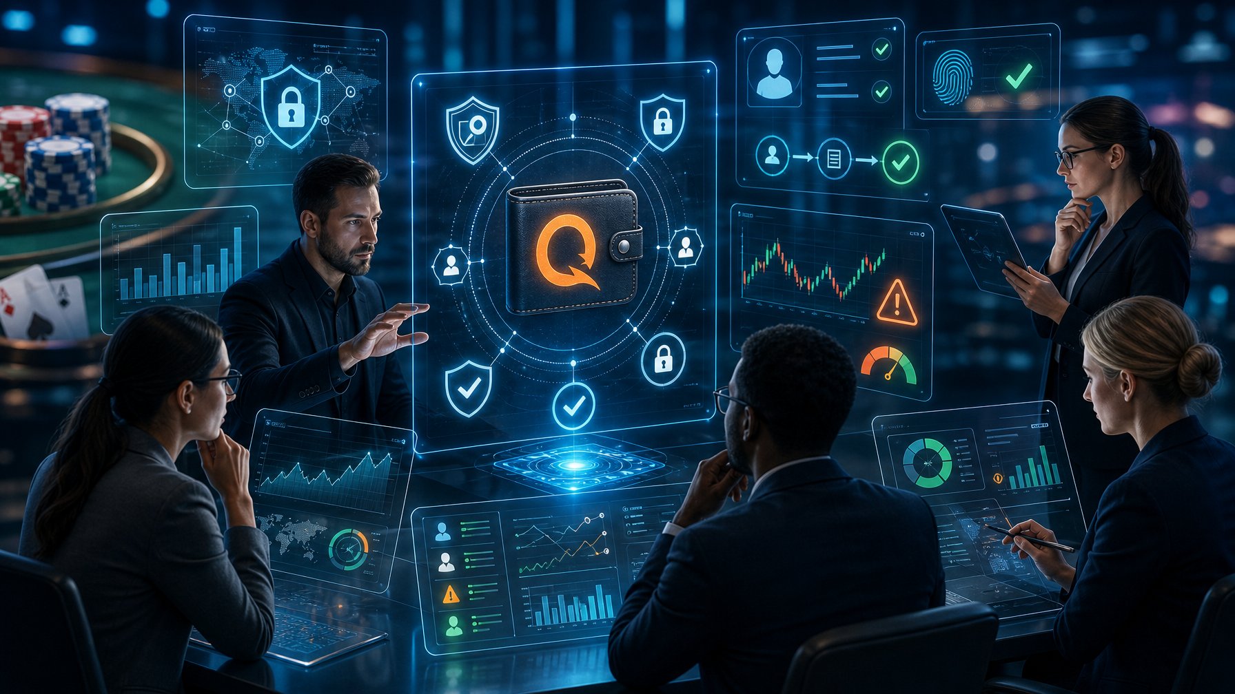 A Group Of Professionals Analyzing Digital Security And Payment Verification Data With Holographic Screens Showing Transaction Graphs And Security Icons Around A Qiwi Wallet Symbol.