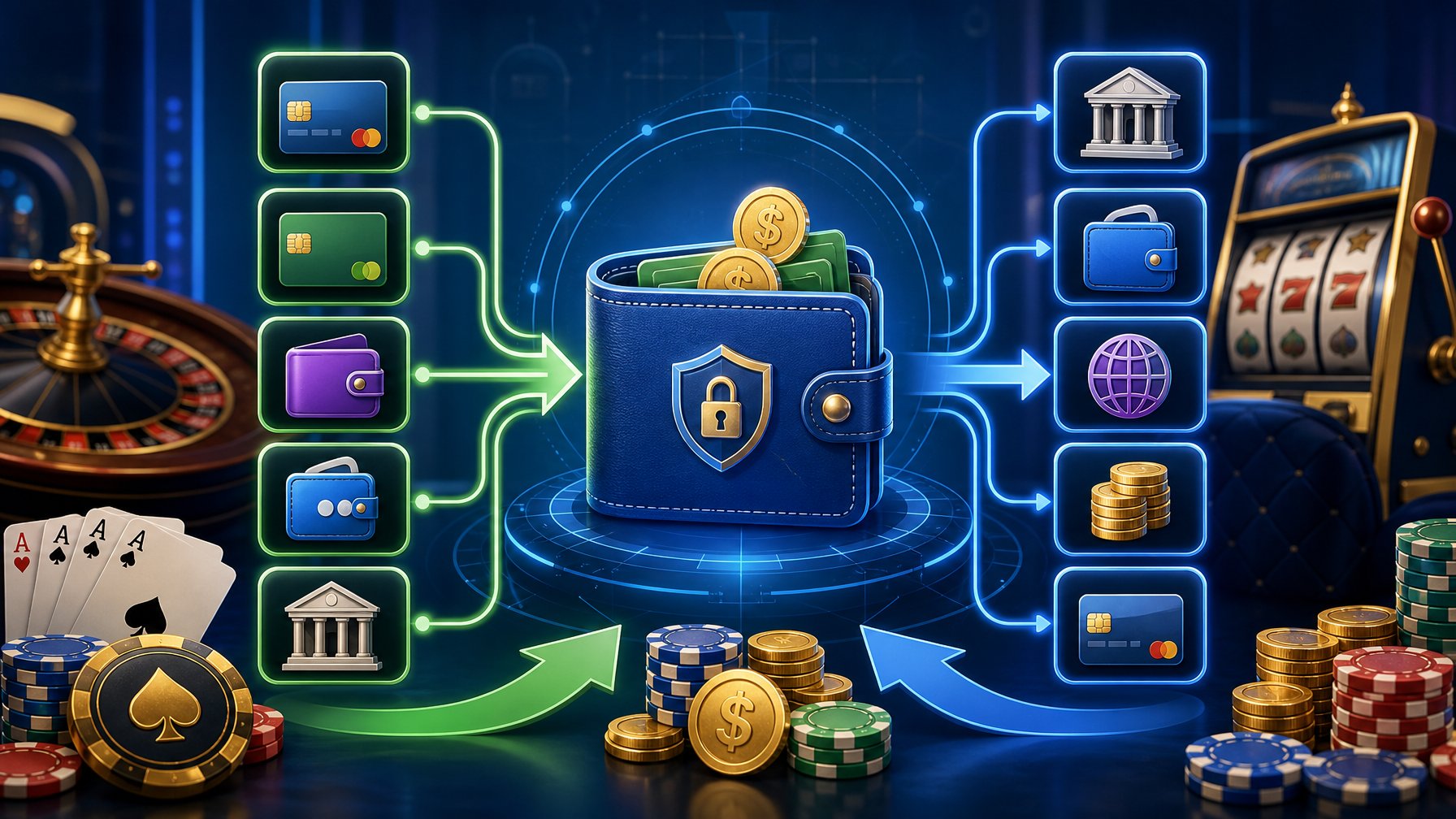 Illustration Showing Various Payment Methods Connected To A Digital Wallet With Casino Elements Like Poker Chips And Playing Cards In The Background.