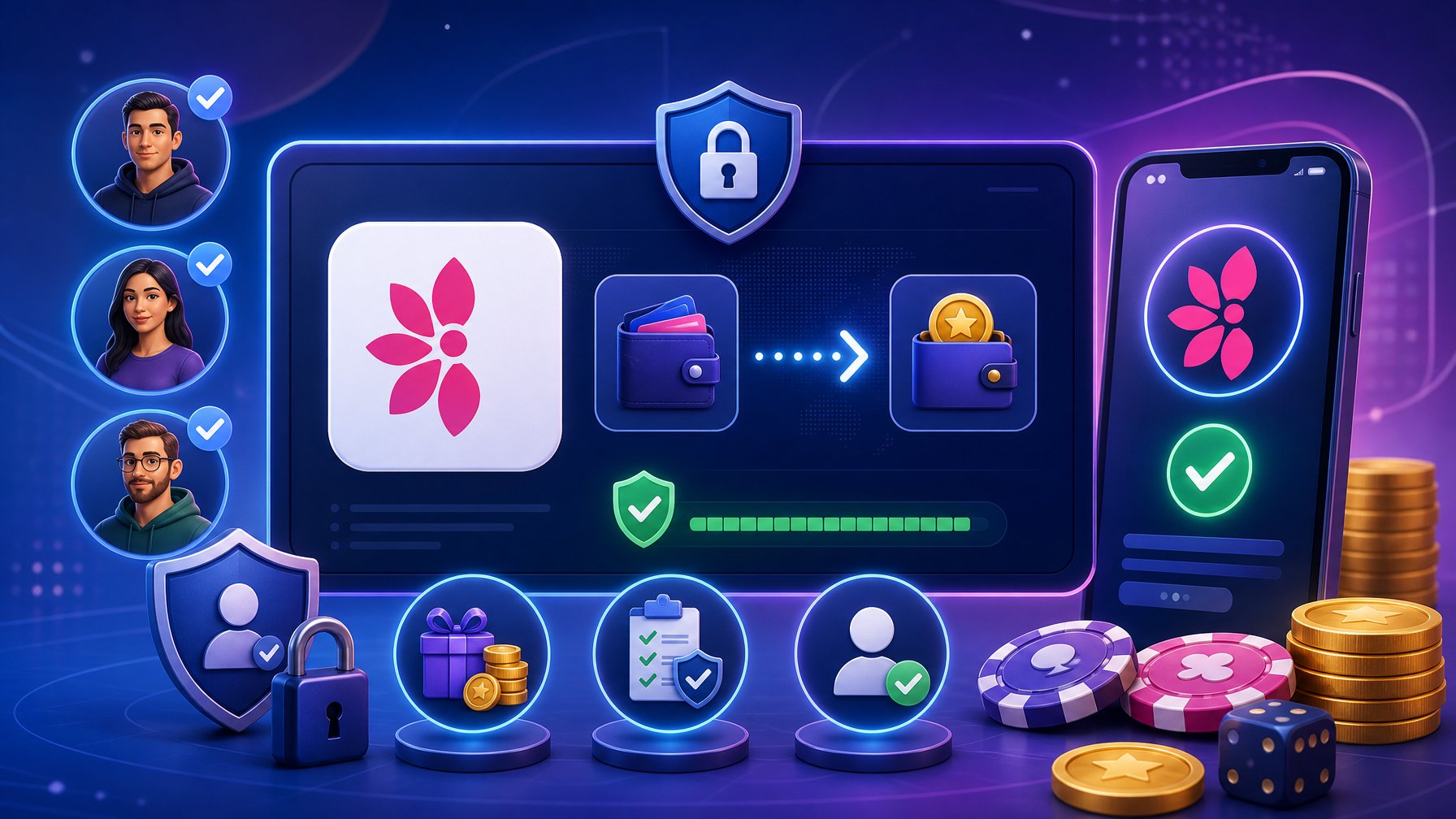 A Digital Interface Showing A Secure Online Payment Transaction With Icons For Money Transfer, Digital Wallets, And User Verification Symbols.