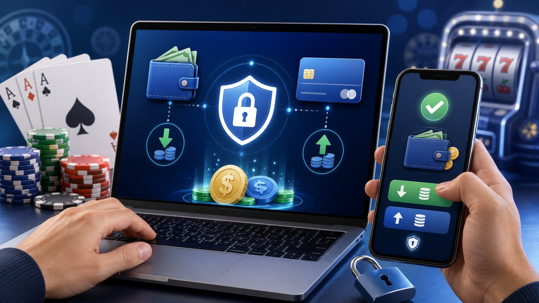 A Person Using A Laptop Or Mobile Device To Make Secure Deposits And Withdrawals For An Online Casino, With Icons Representing Money And Security.