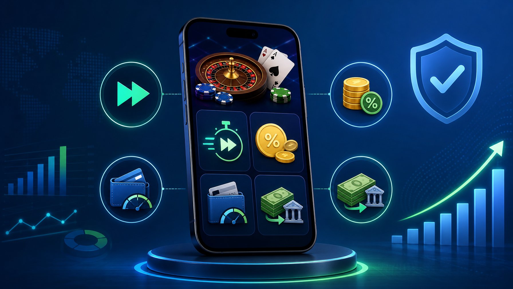 A Smartphone Showing A Casino App With Icons Representing Speed, Fees, Deposit Limits, And Cashout Options.