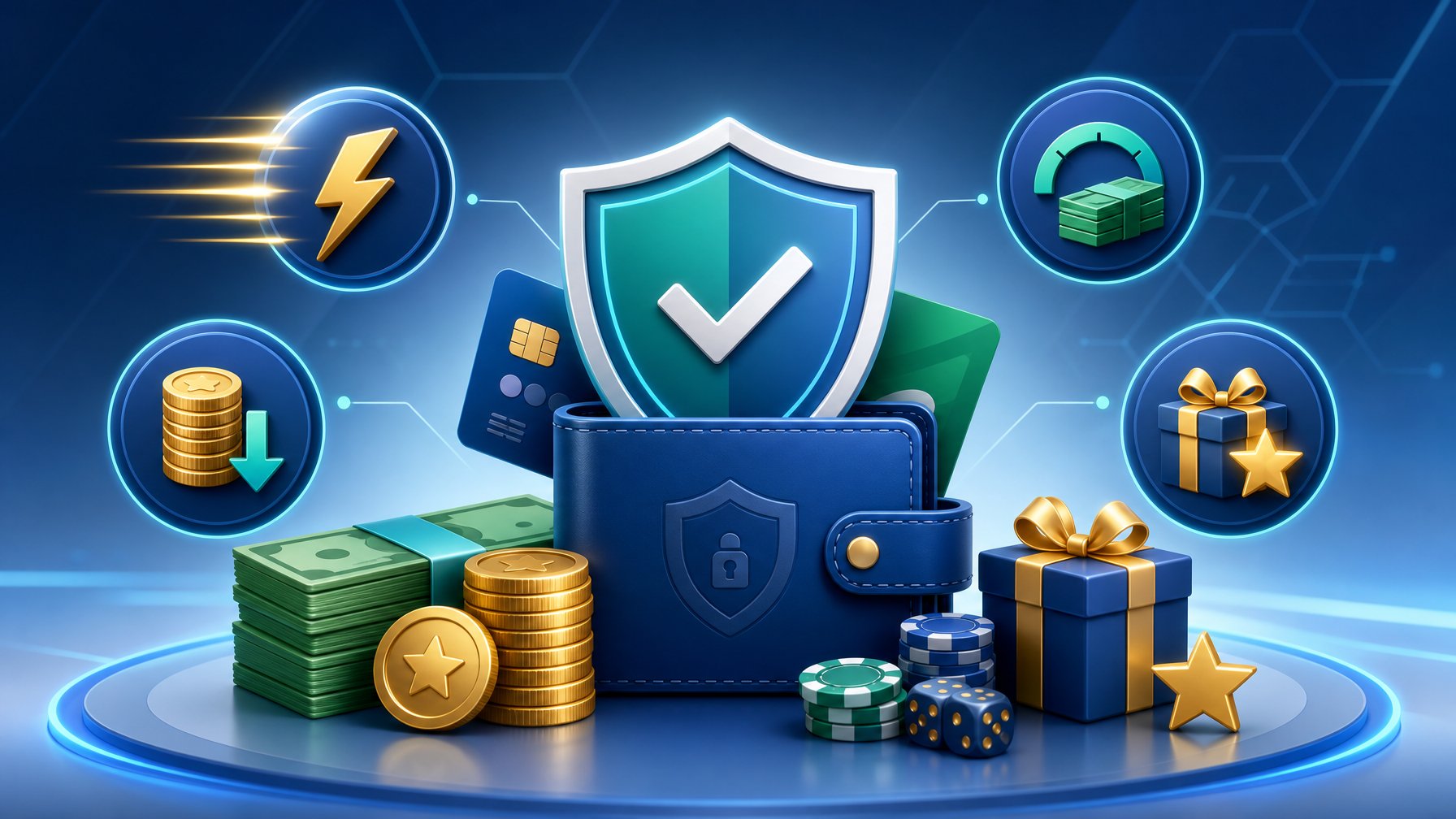 Illustration Showing Symbols For Secure And Fast Casino Payments, Including A Shield, Lightning Bolt, Coins, And A Gift Box, Set Against A Clean, Modern Background.