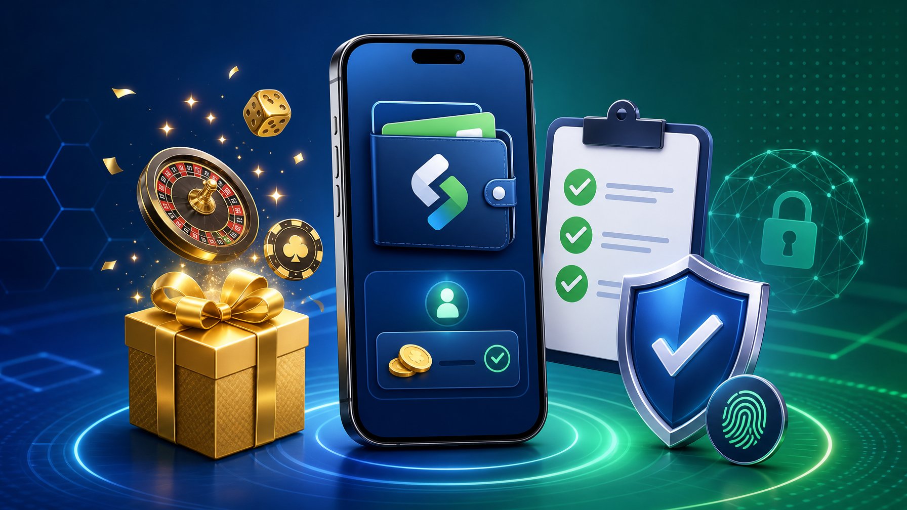A Smartphone Showing A Digital Wallet With Symbols Of Bonuses, Eligibility Checklists, And Account Verification Shields Around It, Representing A Secure Mobile Casino Payment Process.
