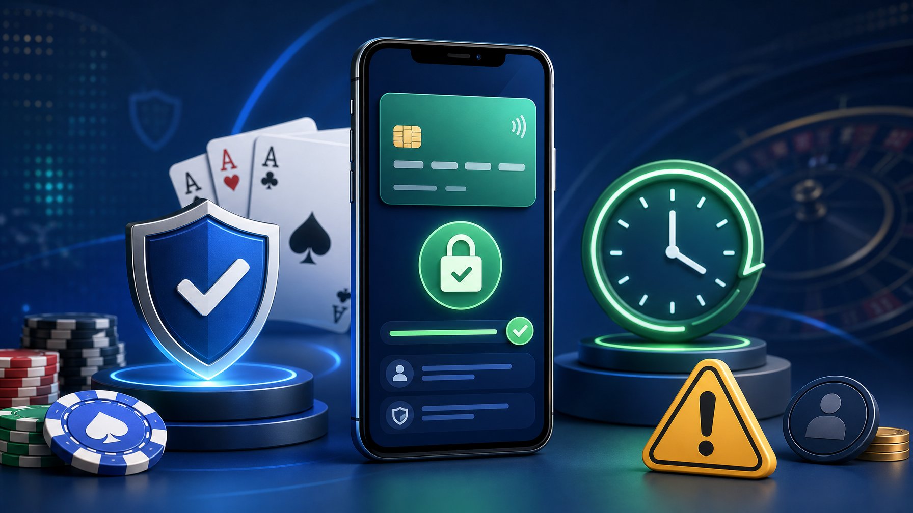 A Smartphone Showing A Secure Payment Screen With Casino Elements, Surrounded By Icons Representing Safety, Availability, And Caution.