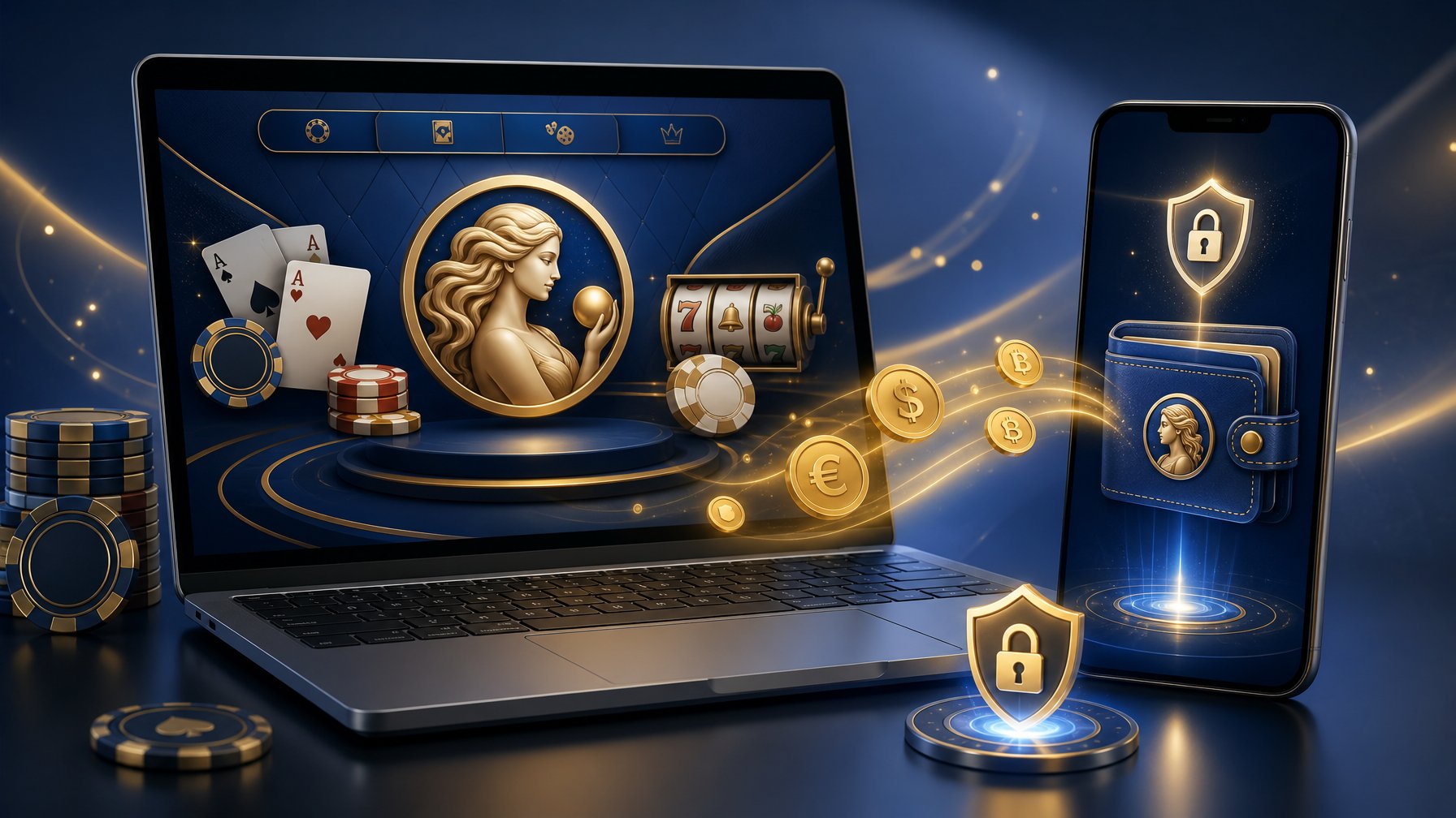 A Laptop And Smartphone Showing A Secure Online Payment Process With CasinoRelated Icons Like Playing Cards And Chips.