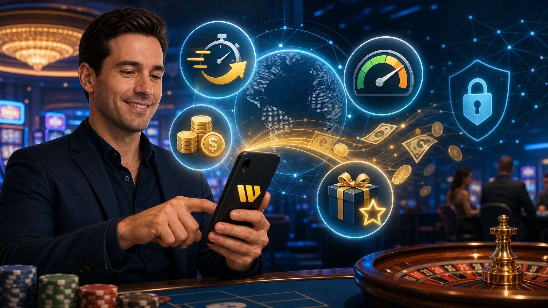 A Person Making A Payment With A Mobile Device In A Casino Setting Surrounded By Icons Representing Speed, Fees, Limits, And Bonuses.