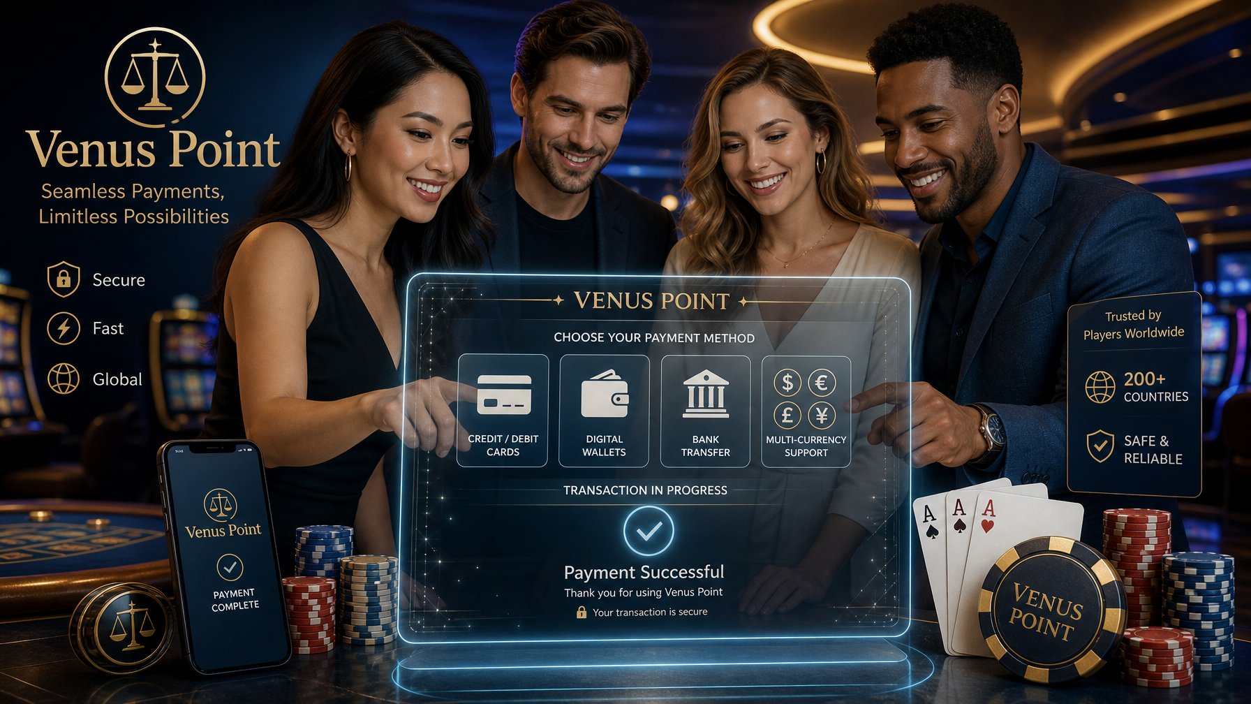 People Using A Digital Payment Interface In A Modern Casino Setting With Poker Chips And Slot Machines In The Background.