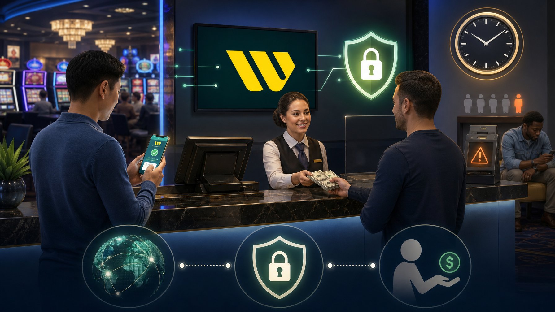 A Casino Cashier Counter Showing People Using Western Union For Payments, With Icons Representing Security And Some Waiting Time.