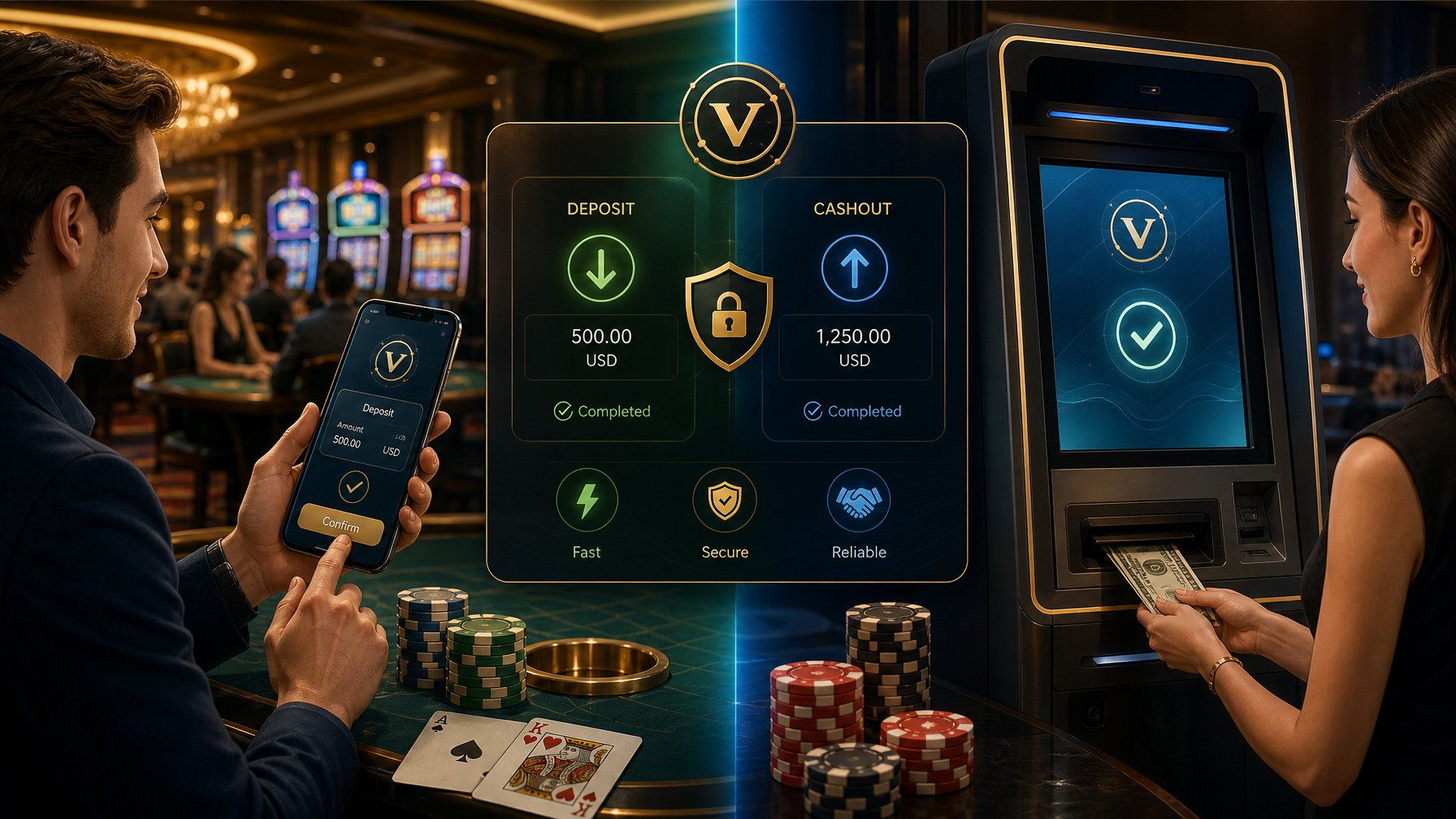 A Person Making A Casino Deposit On A Mobile Device And Another Person Receiving Cash From A Digital Terminal In A Casino Setting With Poker Chips And Slot Machines In The Background.