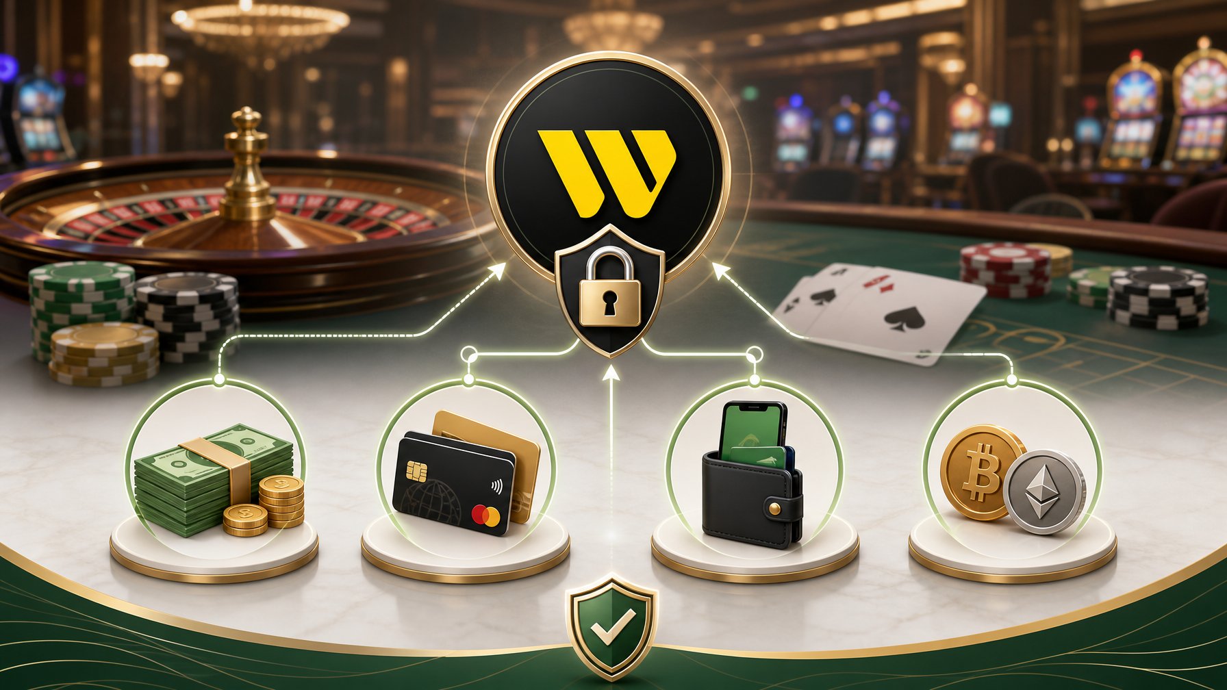 Illustration Showing A Casino Setting With Symbols Representing Western Union And Other Payment Methods Like Cash, Credit Cards, And Digital Wallets Arranged For Comparison.