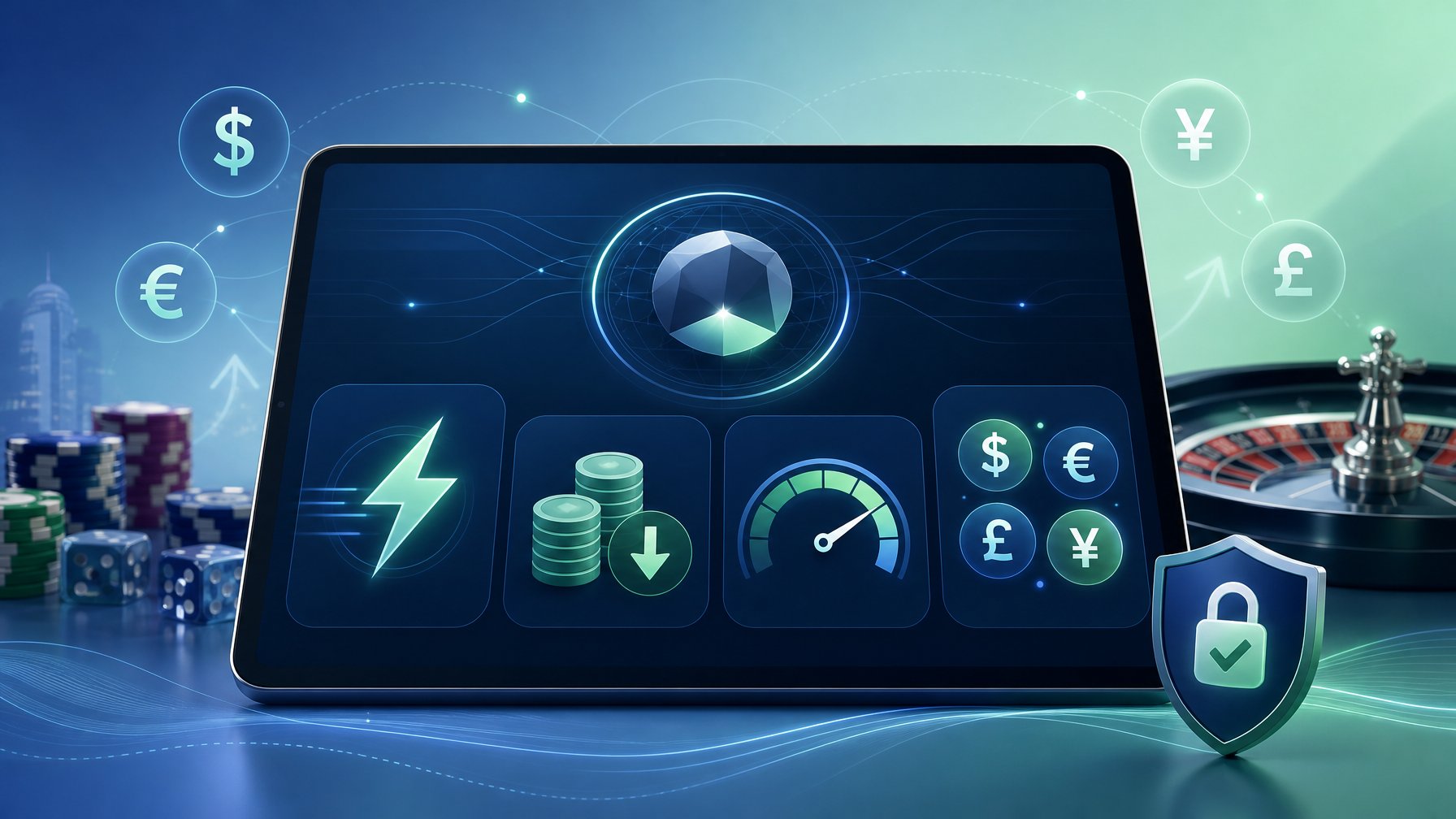 A Digital Payment Interface Showing Icons Representing Fast Transactions, Low Fees, Transaction Limits, And Multiple Currencies On A Modern Device Screen.