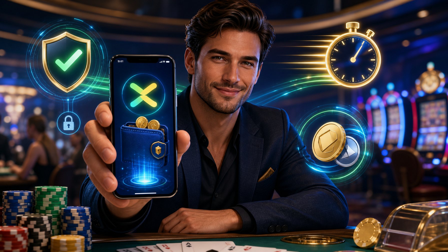 A Player Holding A Smartphone Showing A Secure Digital Wallet With Casino Chips And Cards In The Background.