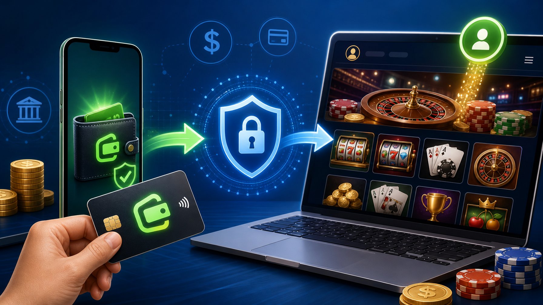 A Person Using A Computer To Make A Secure Payment With Cashlib At An Online Casino, Showing Casino Games On The Screen And A Digital Wallet Representing The Payment Process.