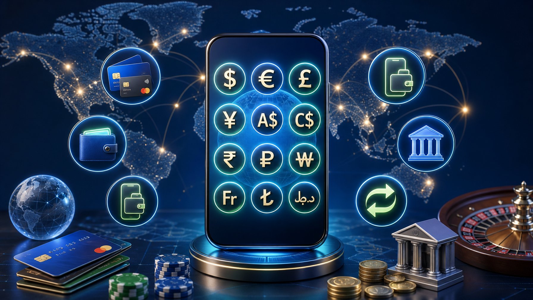 A Digital Payment Device Surrounded By Various Global Currency Symbols And Payment Method Icons, With A World Map In The Background Showing Global Connectivity.