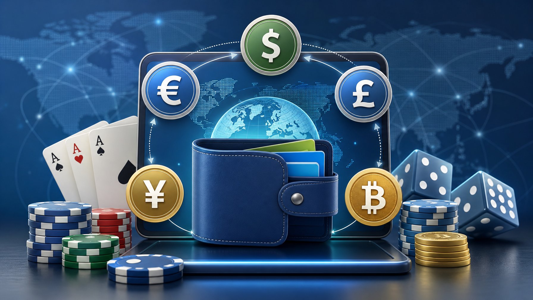 A Digital Wallet Surrounded By Various Currency Symbols And Subtle Casino Elements Like Poker Chips And Playing Cards.