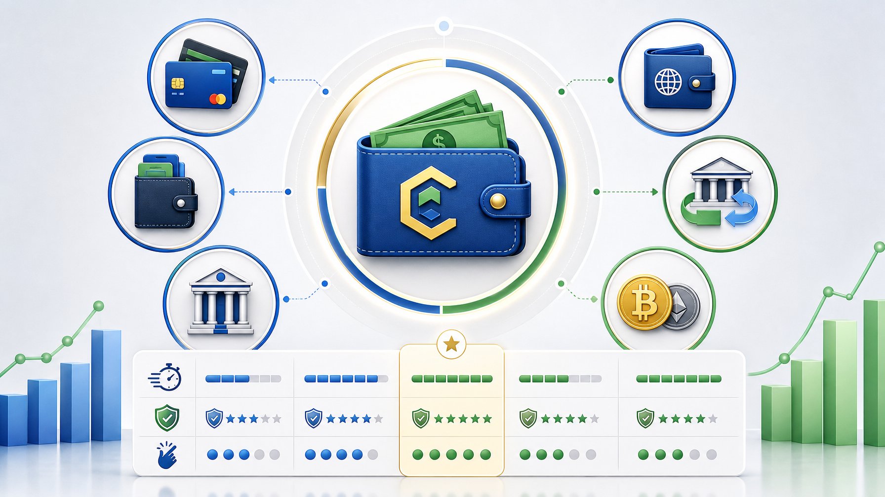 Illustration Showing Cashlib Payment Method Icon Surrounded By Icons Of Other Payment Methods Like Credit Cards, EWallets, Bank Transfers, And Cryptocurrencies, Arranged To Represent A Comparison.