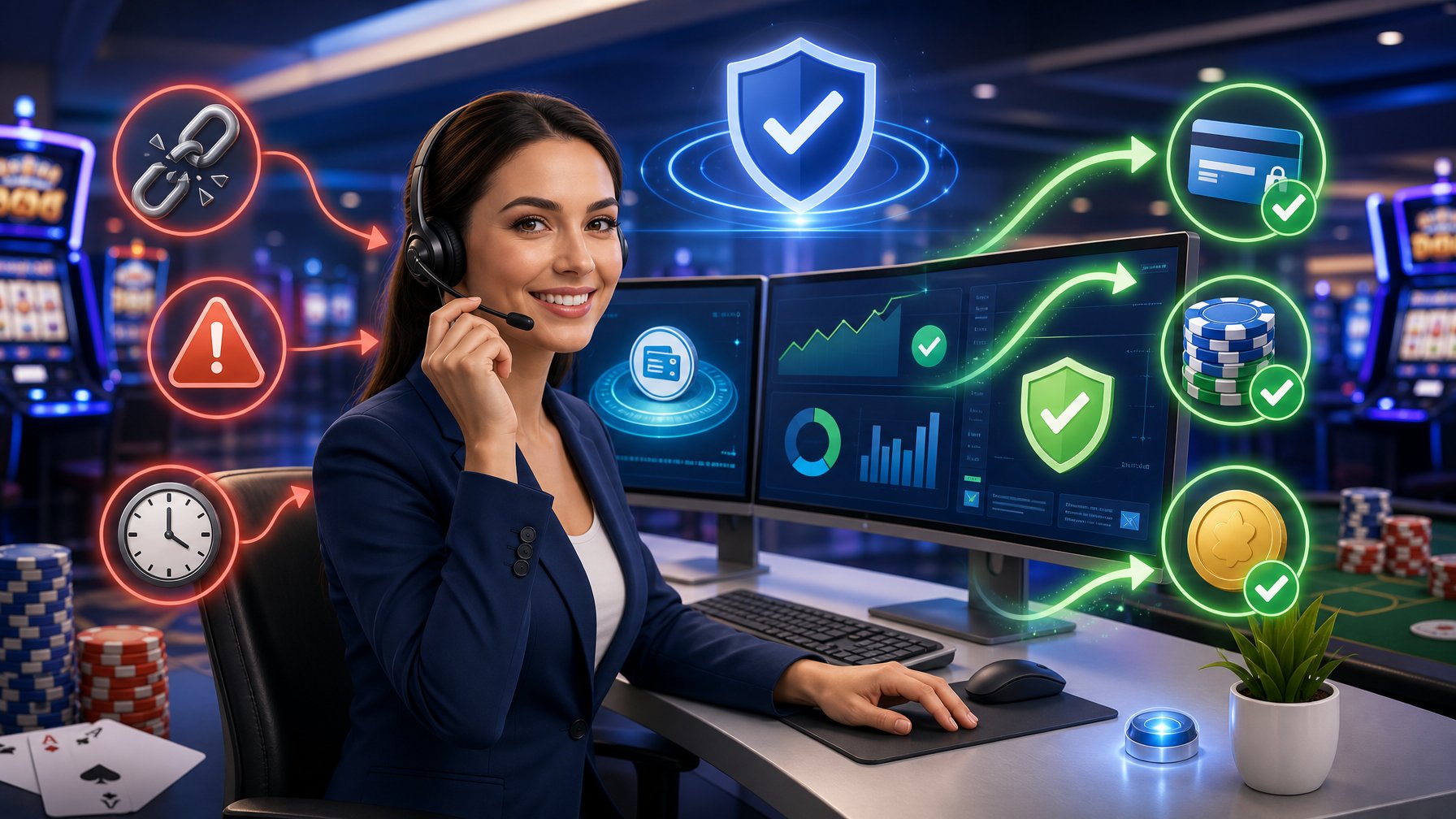 A Customer Service Representative At A Desk With Computer Screens Showing Payment Icons And Symbols Representing Common Payment Problems And Their Solutions In A Casino Setting.