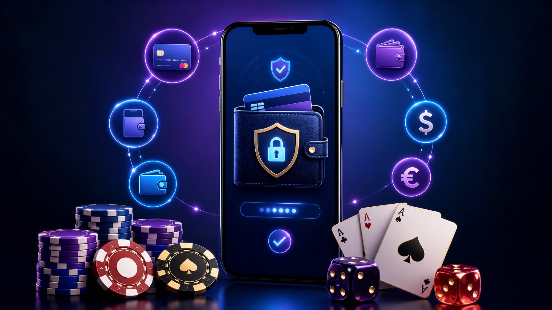 A Smartphone Displaying A Secure Payment Interface Surrounded By Poker Chips, Playing Cards, Dice, And Floating Payment Method Icons.