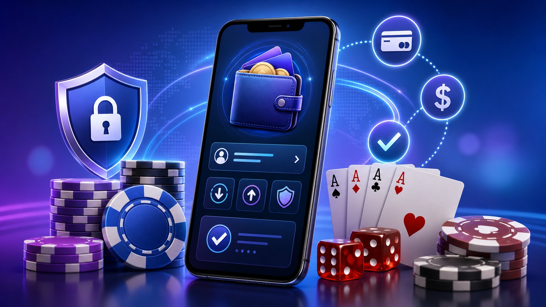 A Smartphone Displaying A Digital Wallet Surrounded By Poker Chips, Playing Cards, And Dice, Symbolizing A Secure And Popular Casino Payment Method.