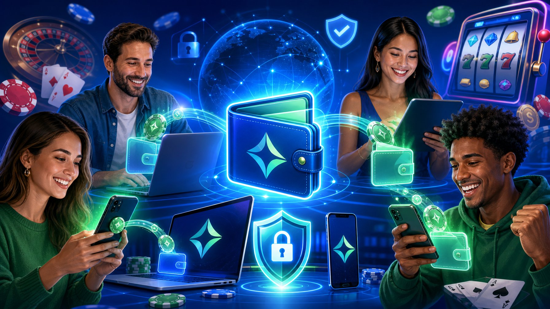 A Group Of Happy Casino Players Using Digital Devices With Glowing Digital Wallets And Casino Icons In The Background, Representing Secure And Easy Payment Transactions.
