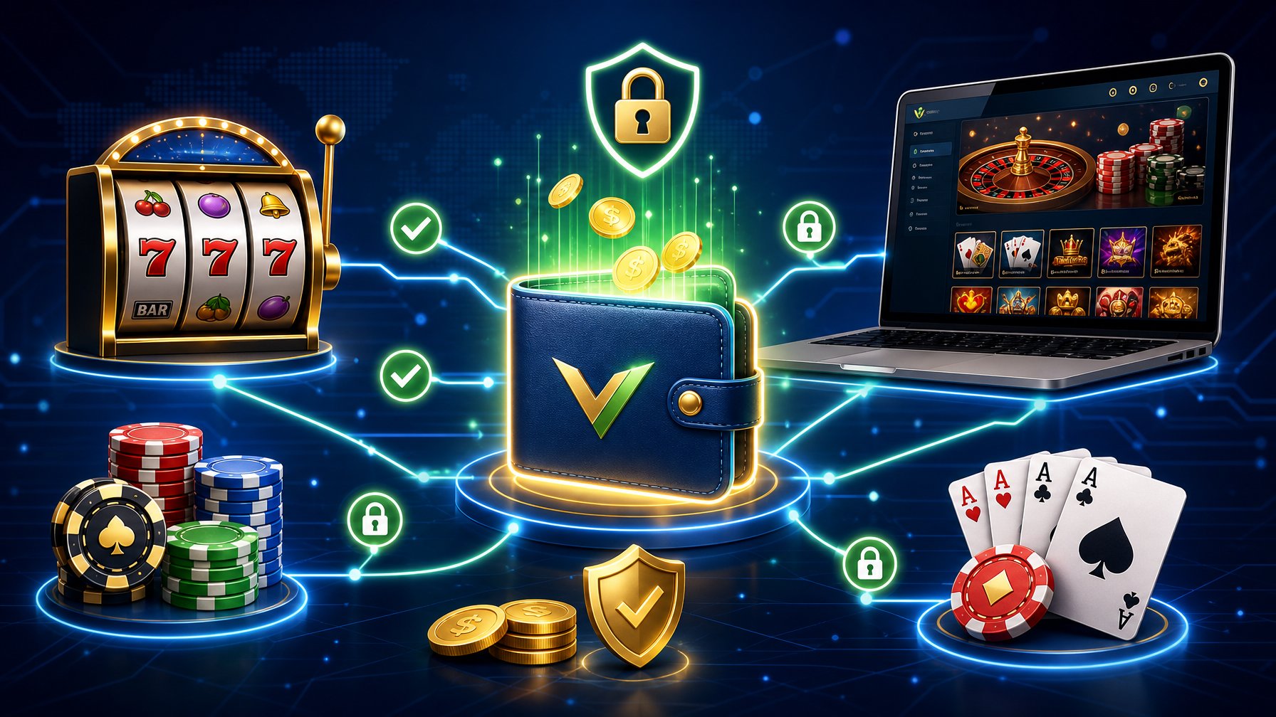 Illustration Showing A Digital Wallet Connected To Online Casino Elements Like Slot Machines, Poker Chips, And Playing Cards On A Computer Screen, Representing A Secure Payment Method.