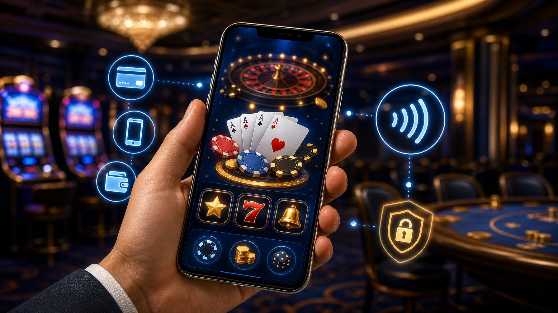 A Hand Holding A Smartphone Showing Casino Game Icons With Digital Payment Symbols Around It In A Casino Setting.