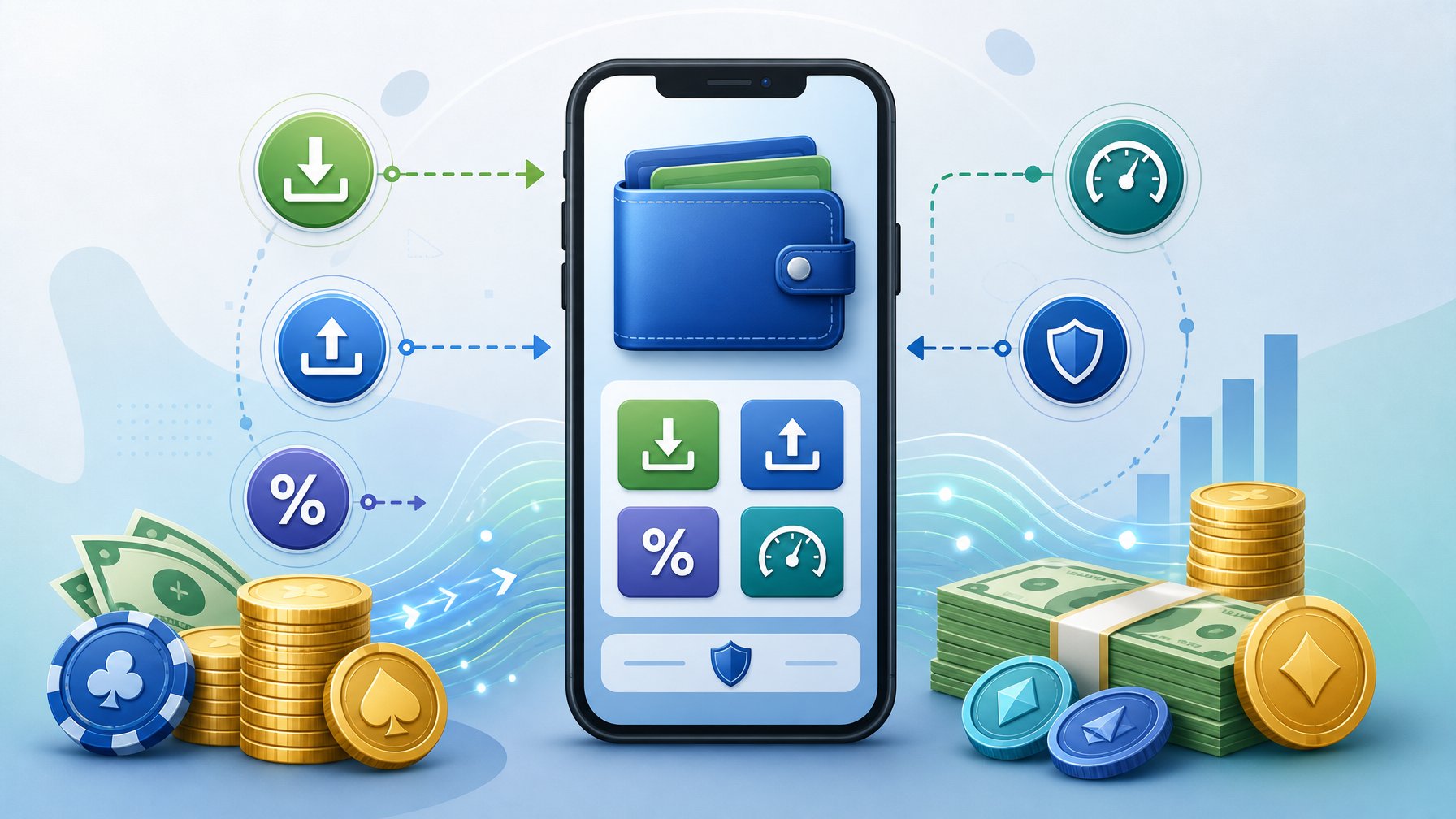 A Smartphone Showing A Digital Wallet Surrounded By Icons And Symbols Representing Deposits, Withdrawals, Fees, And Transaction Limits.