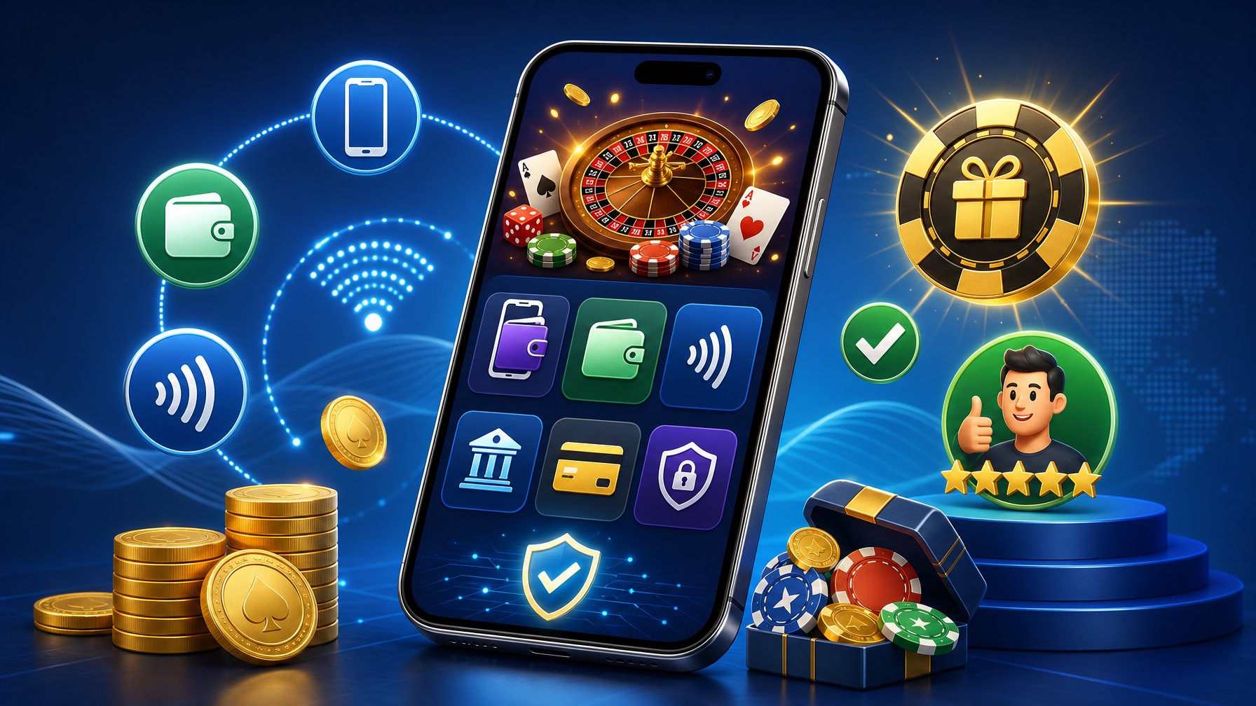 A Smartphone Showing A Casino App With Icons For Mobile Payments, Coins, And Bonus Tokens Surrounded By Symbols Representing Secure Transactions And Player Suitability.