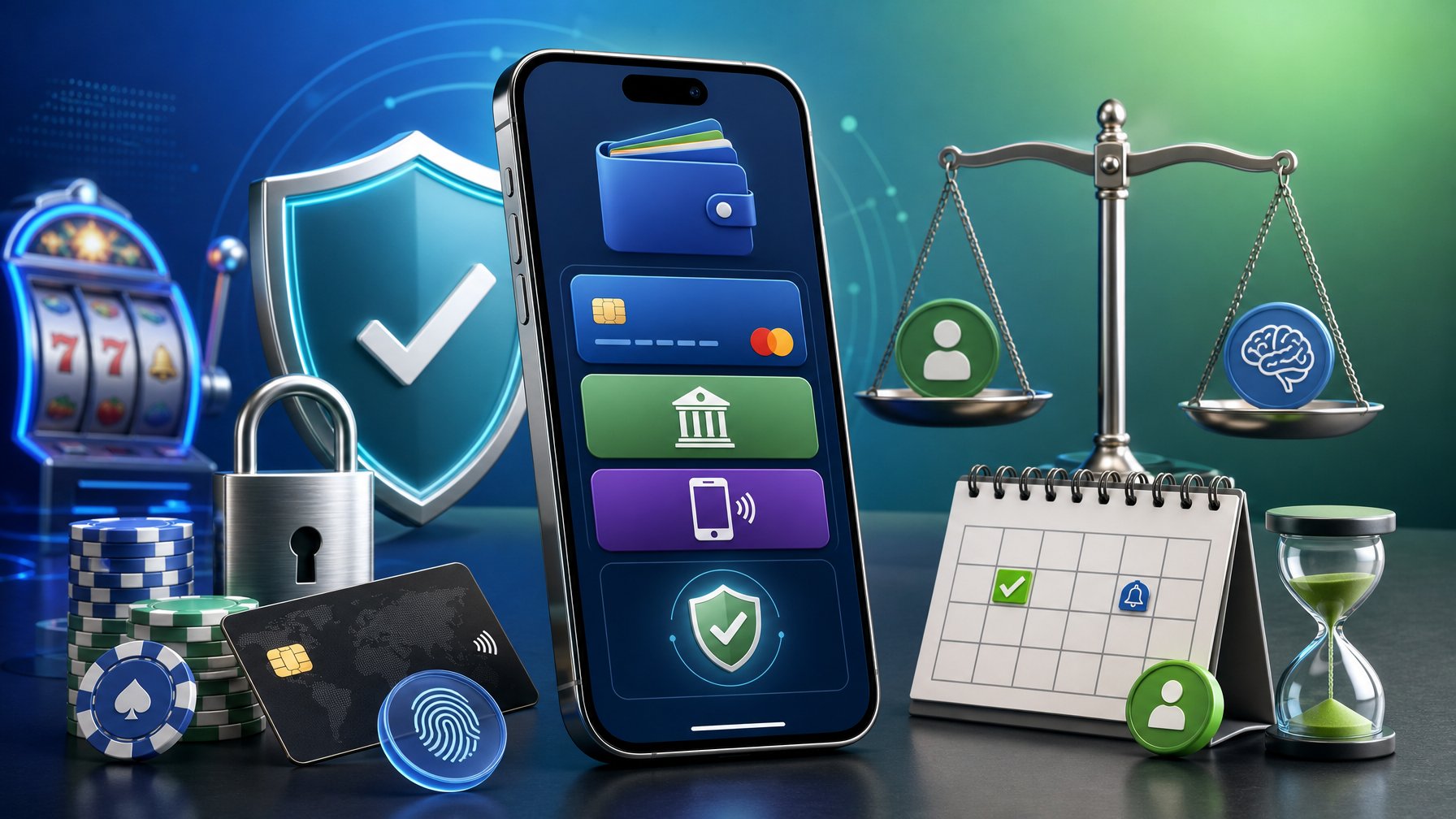 A Smartphone Showing A Secure Mobile Payment Interface With Icons For Payment Methods And Security Symbols, Alongside Elements Representing Responsible Gaming.
