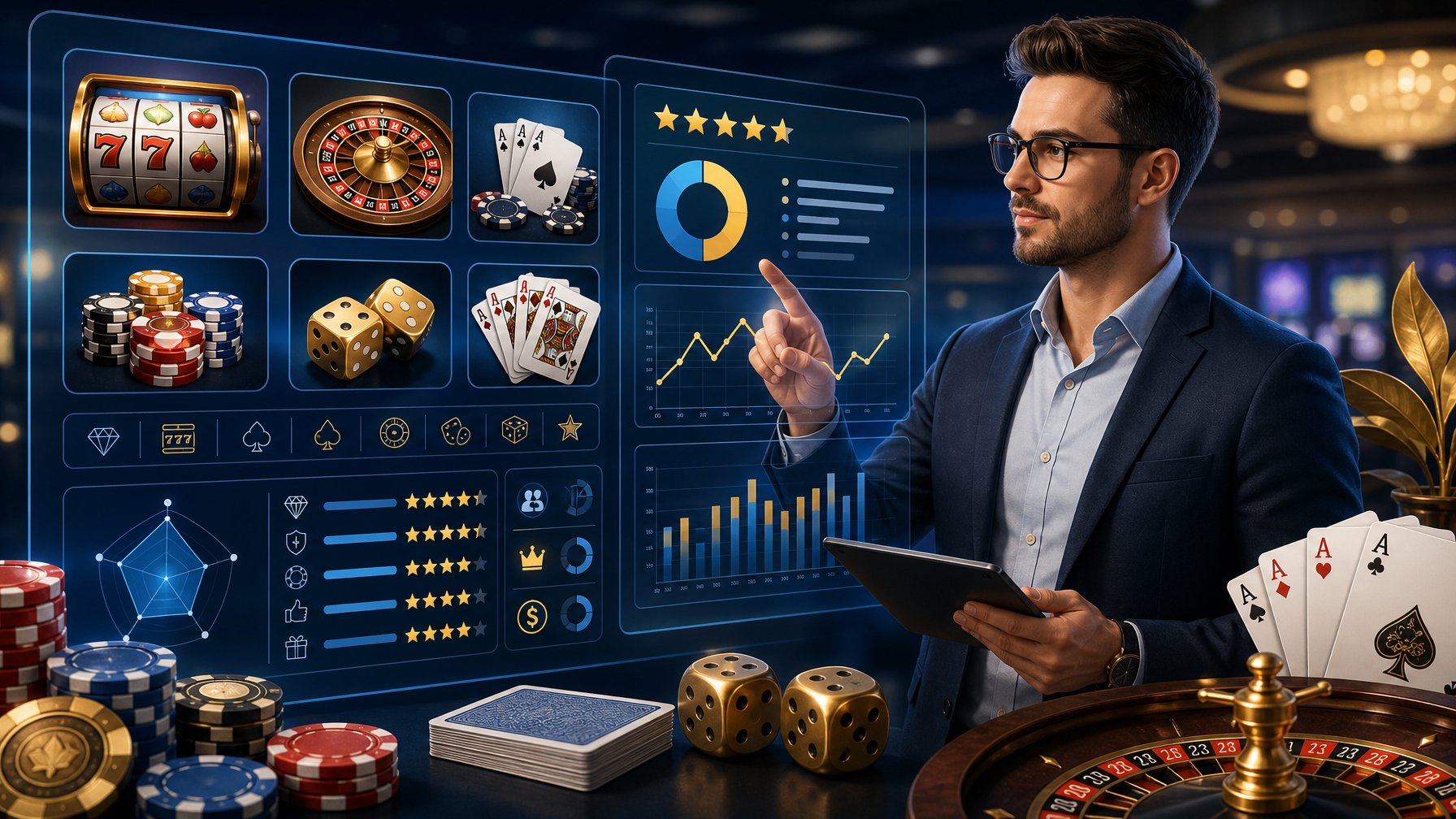 A Business Professional Analyzing Casino Game Data On A Digital Screen Surrounded By Casino Elements Like Chips, Dice, And Playing Cards.