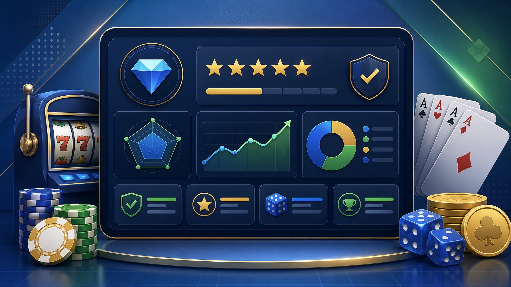 A Digital Dashboard Showing Casino Game Elements And Graphical Charts Representing A Review Summary Of A Casino Game Provider.