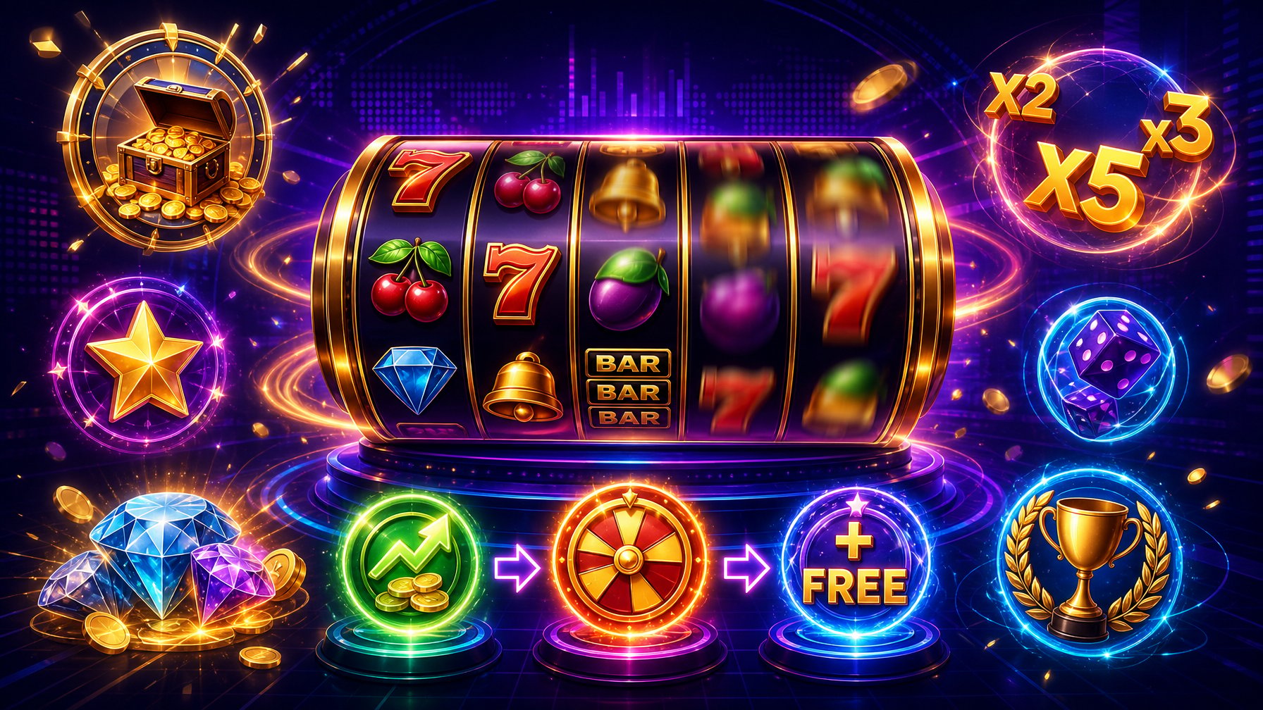A Colorful Casino Game Interface Showing Spinning Slot Reels With Classic Symbols And Icons Representing Bonus Features And Multipliers.