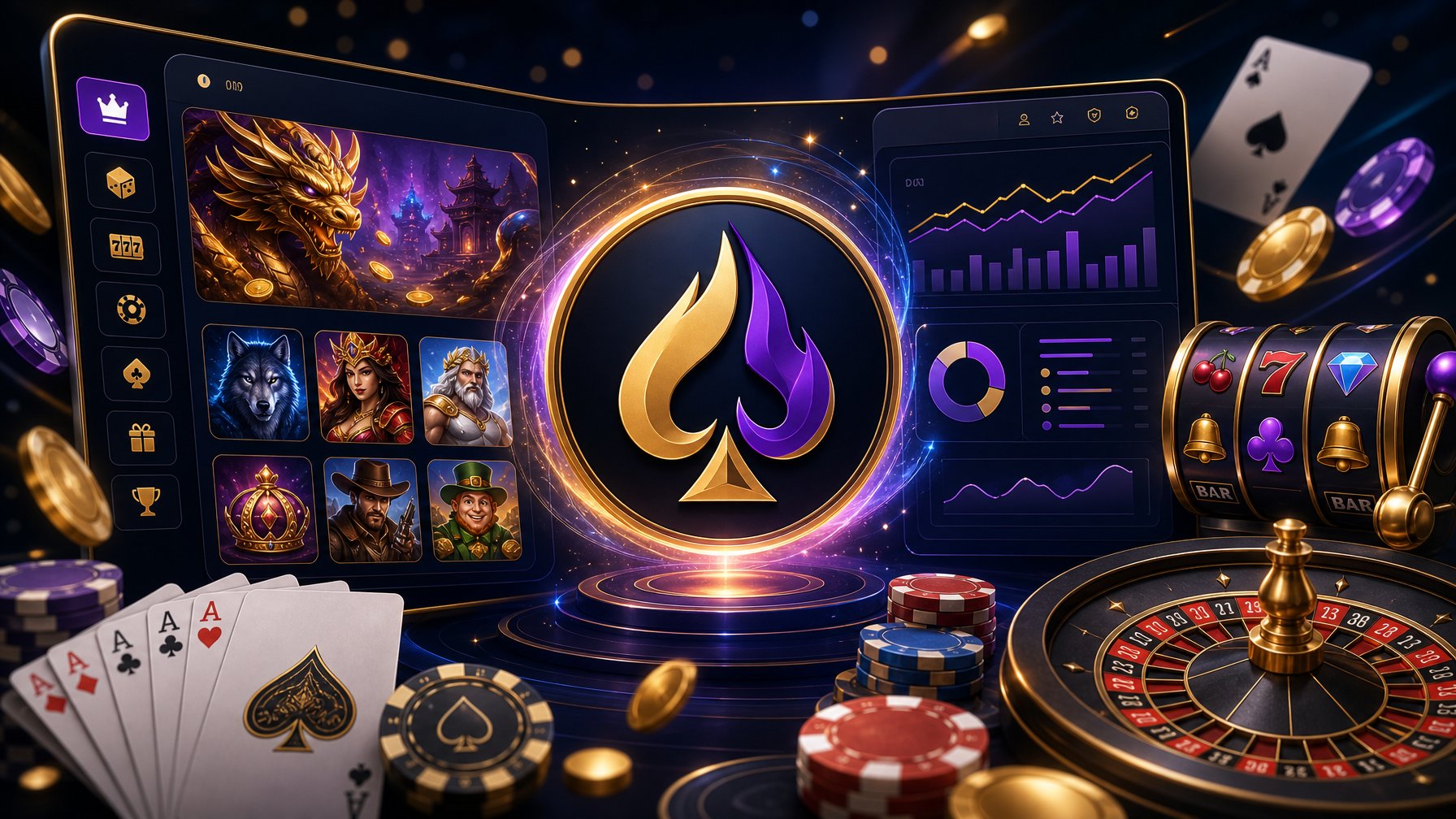 A Digital Scene Showing Casino Game Elements Like Slot Machines, Poker Chips, And Playing Cards Around A Central Game Provider Symbol, Set Against A Colorful, Dynamic Background.