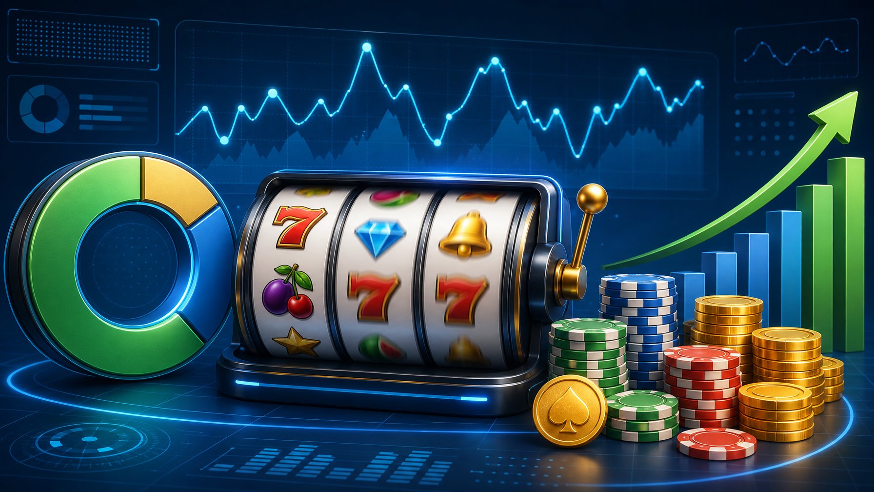 An Illustration Showing A Slot Machine, A Fluctuating Graph, And Stacks Of Casino Chips And Coins Representing Casino Game Statistics And Potential Winnings.
