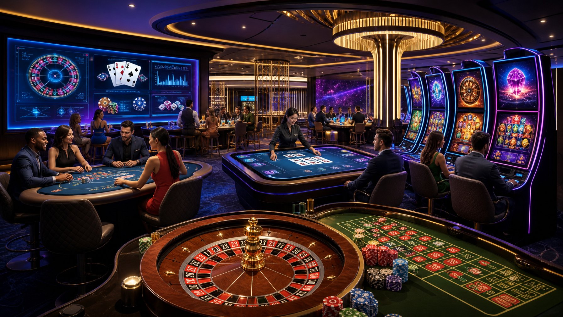 A Casino Scene Showing Different Types Of Games Including Card Tables, Roulette Wheels, And Video Slot Machines In A Modern Setting.