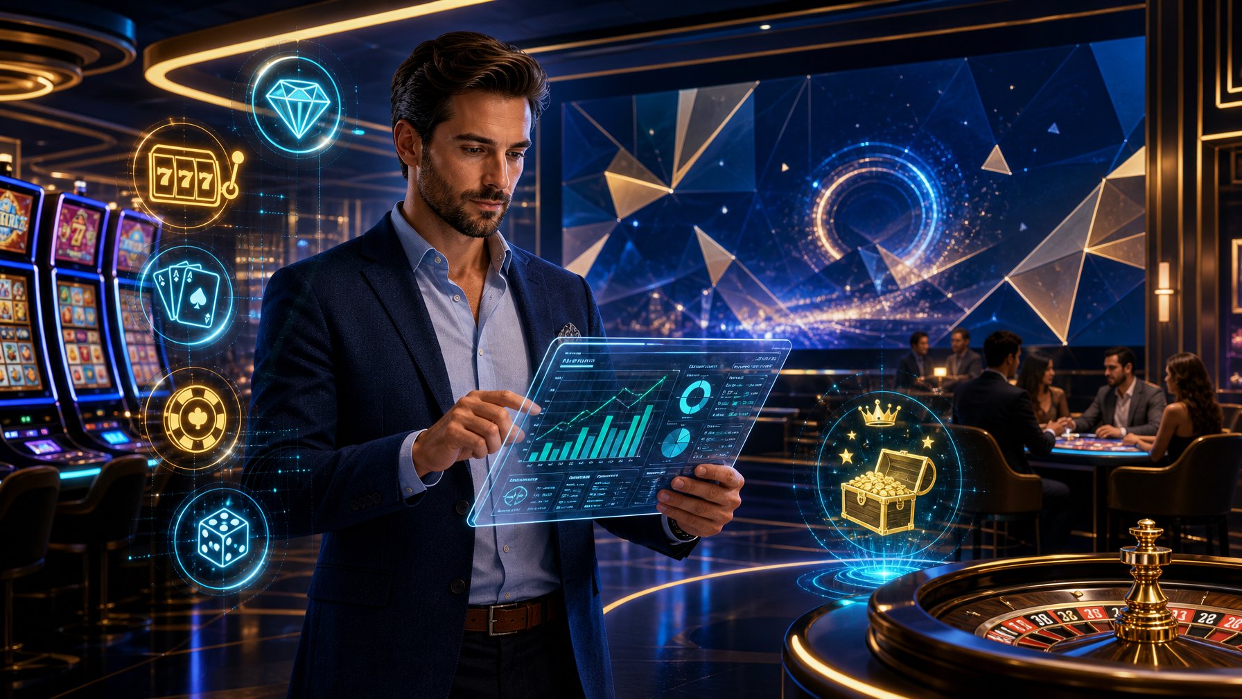 A Business Professional Reviewing Data On A Digital Tablet In A Modern Casino Filled With Glowing Slot Machines And Digital Game Screens.