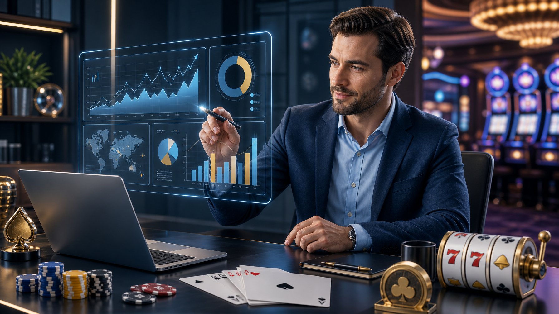 A Business Professional Analyzing Casino Game Data On A Laptop And Floating Digital Screen With Casino Elements Like Poker Chips And Playing Cards Around A Modern Office Desk.
